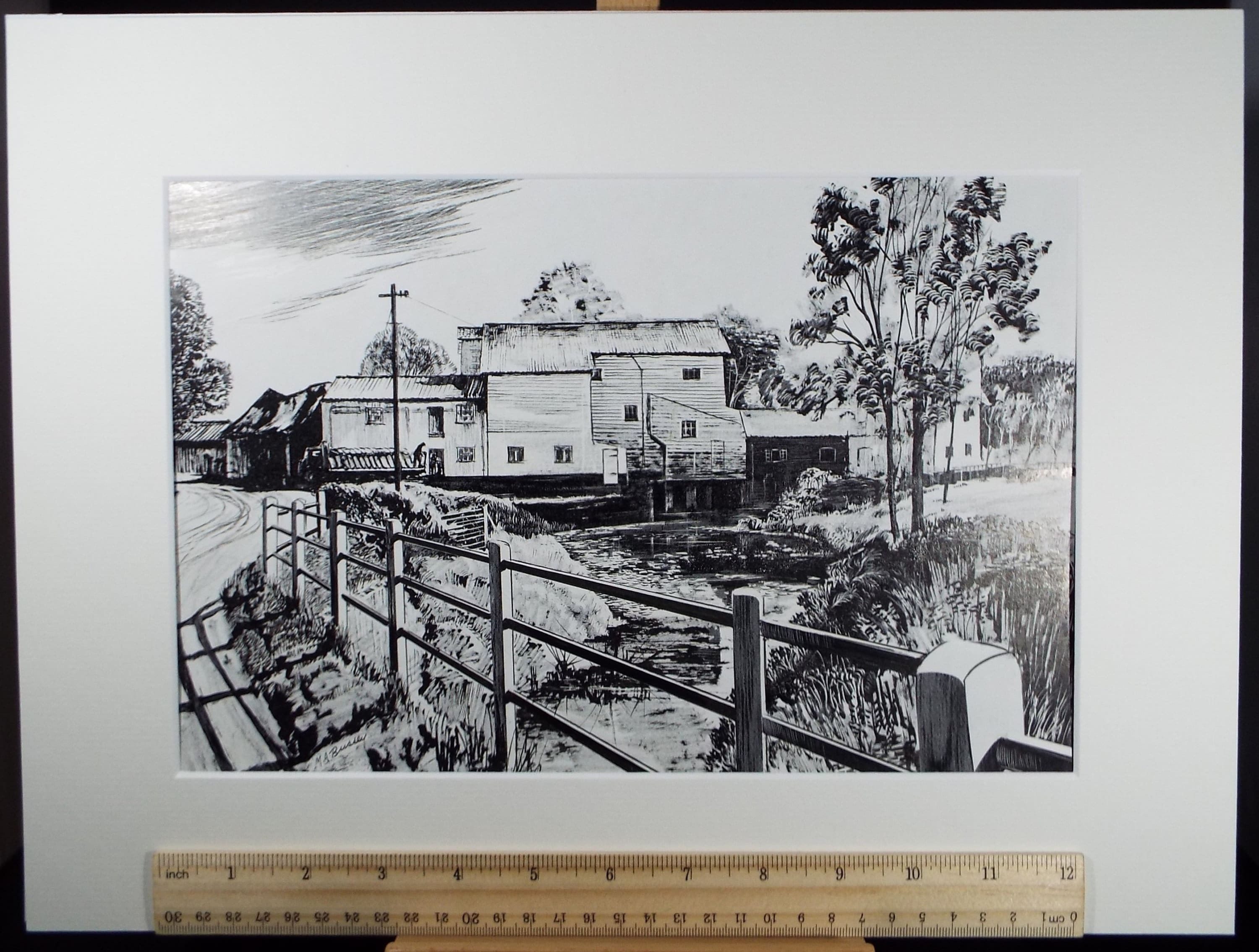 Original Etching on Scraperboard 'The Water Mill', Michael A. Bussey, circa 1960's