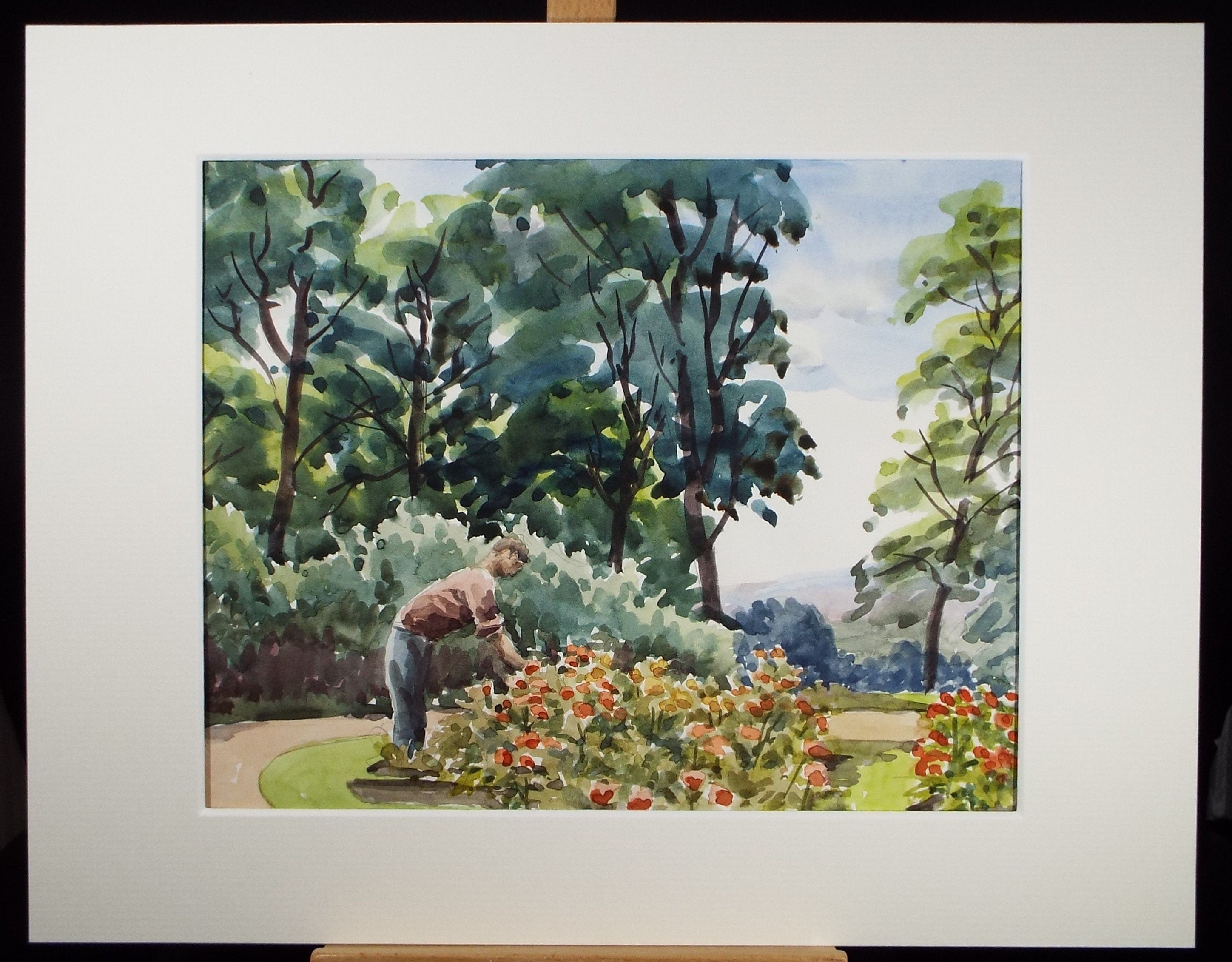 Original Watercolour, 'Gardener tending Flowers', George Godfrey, circa 1970's