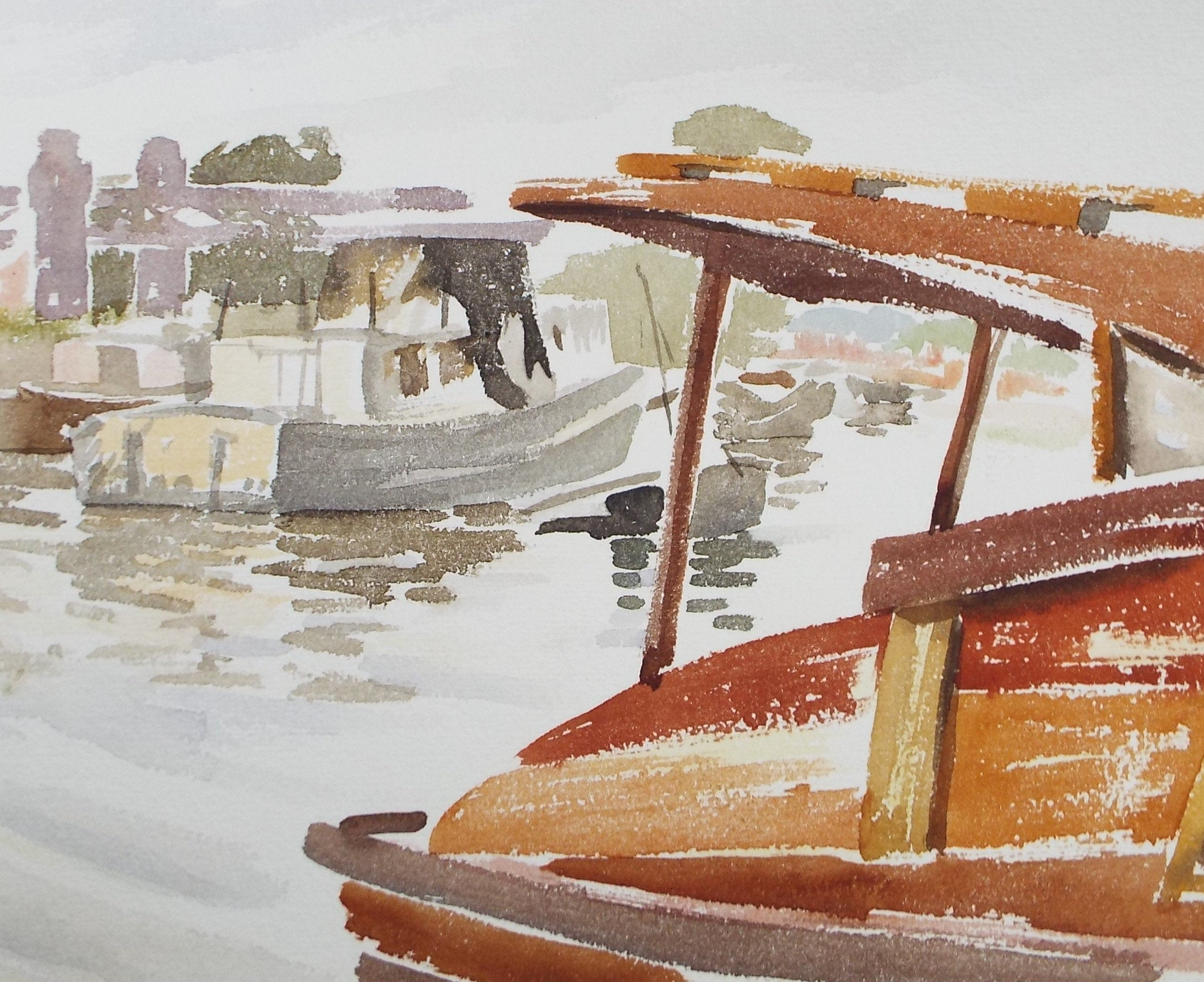 Original Watercolour, 'Moored Boats', Michael A. Bussey 1920-2014, circa 1950's