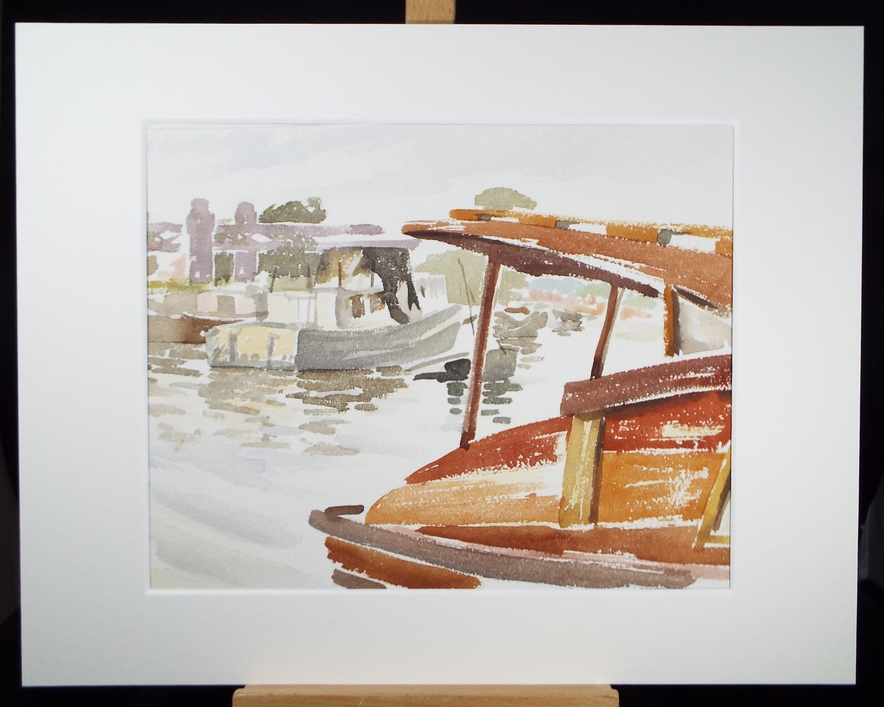 Original Watercolour, 'Moored Boats', Michael A. Bussey 1920-2014, circa 1950's