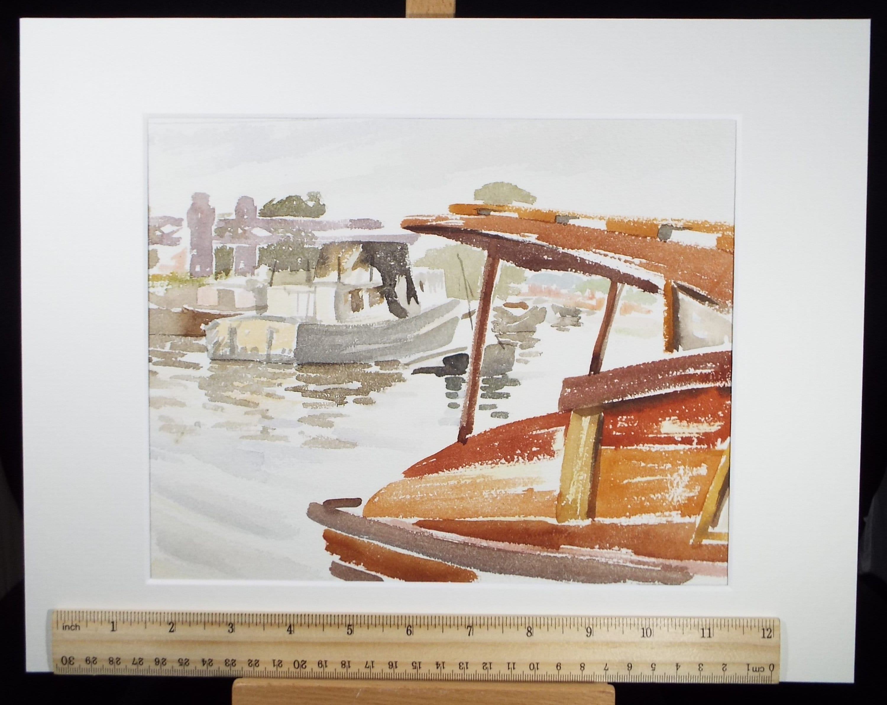 Original Watercolour, 'Moored Boats', Michael A. Bussey 1920-2014, circa 1950's