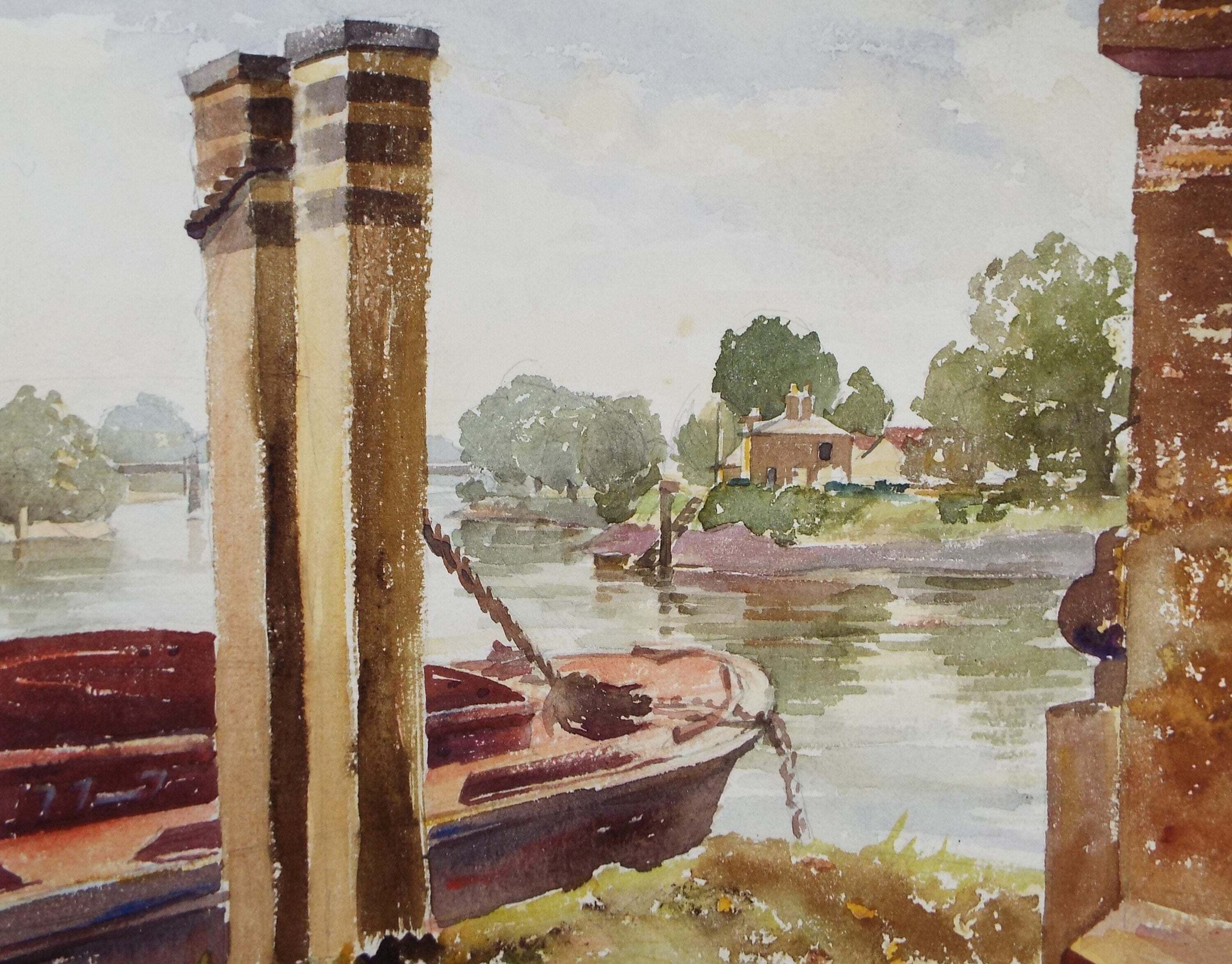 Original Watercolour, 'Moored Barges', Michael A. Bussey 1920-2014, circa 1950's