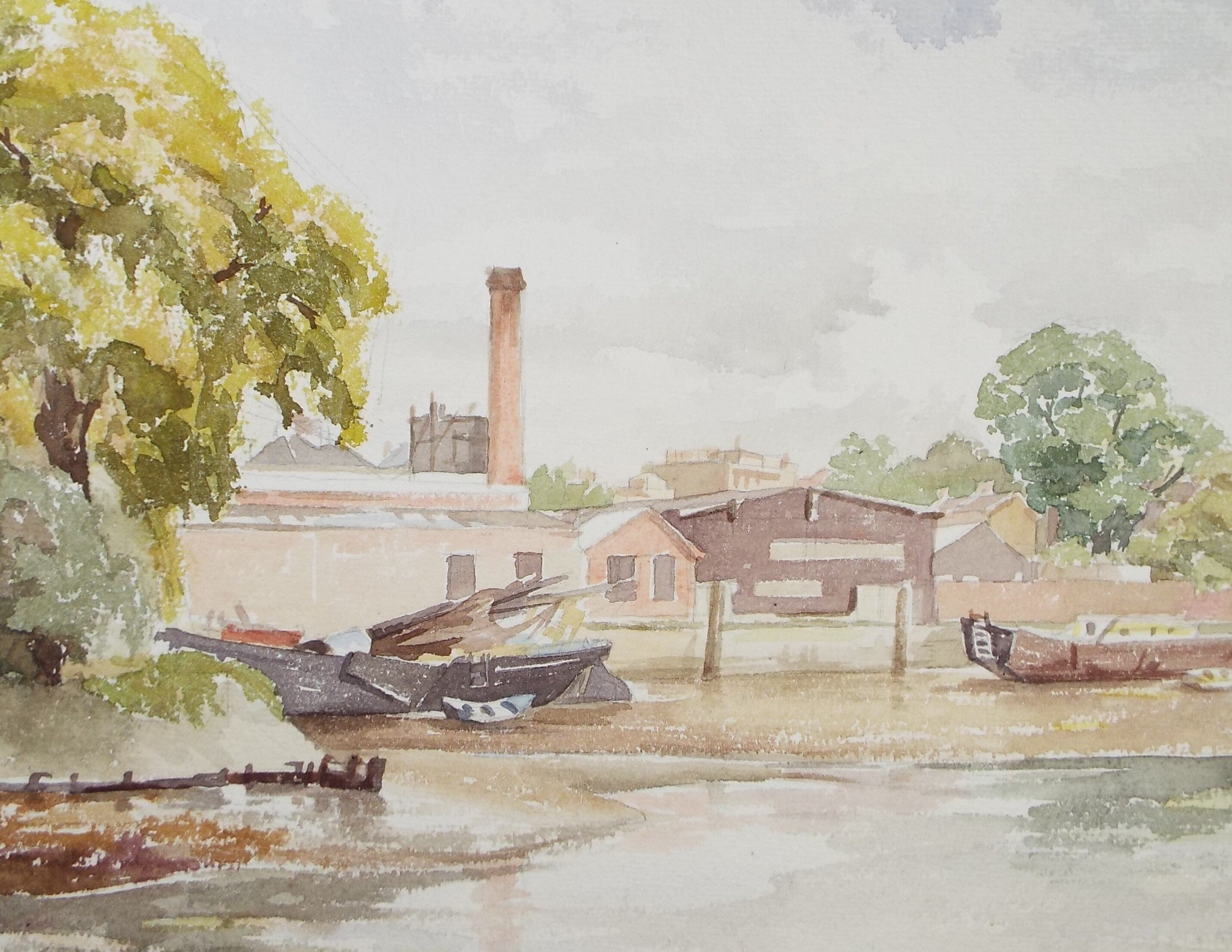 Original Watercolour, 'Barges at low tide', Michael A. Bussey 1920-2014, circa 1950's