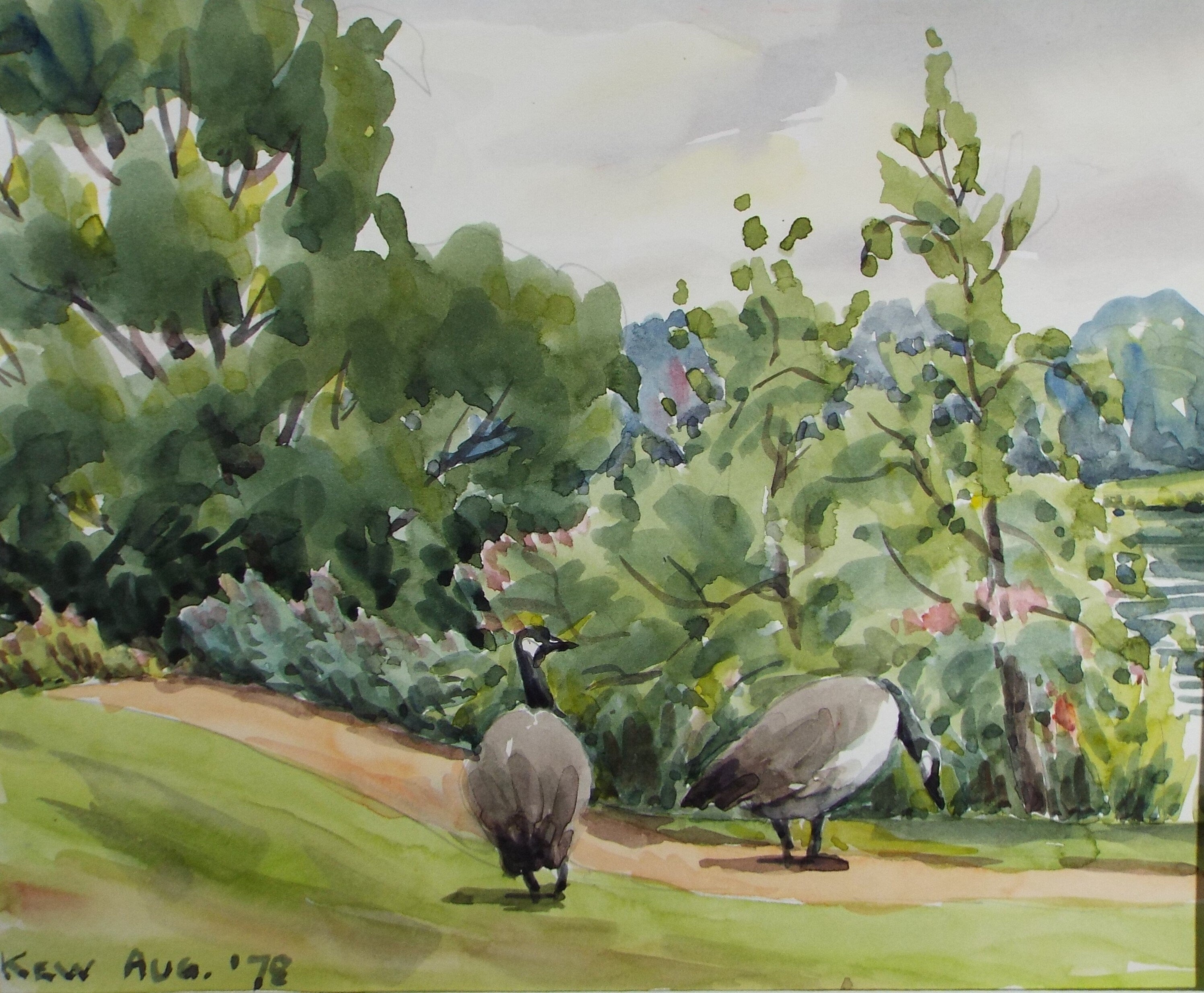 Original Watercolour, 'Canada Geese at Kew', George Godfrey, Dated 1978