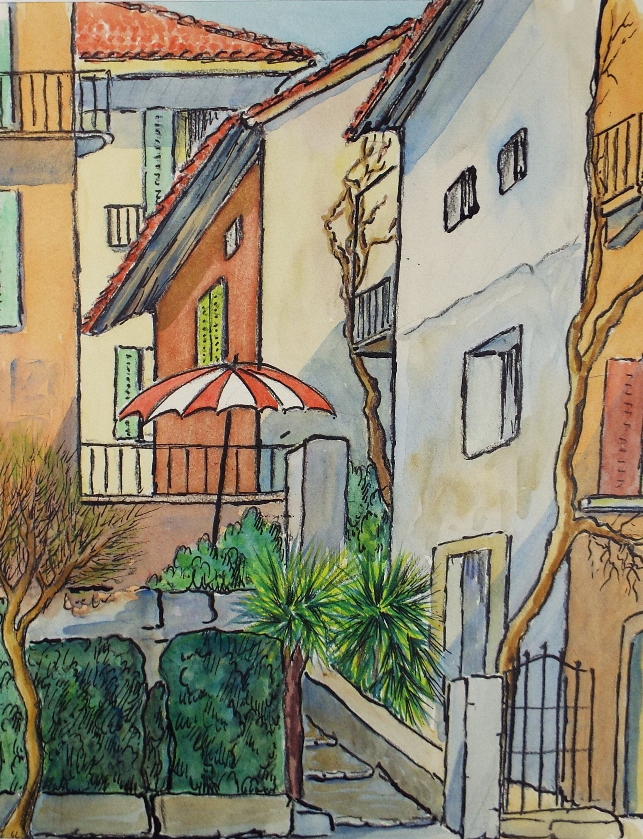 Original Watercolour & ink, 'Locarno, Switzerland', Cicely Glyn de Beers (1891-1973), Dated 1971