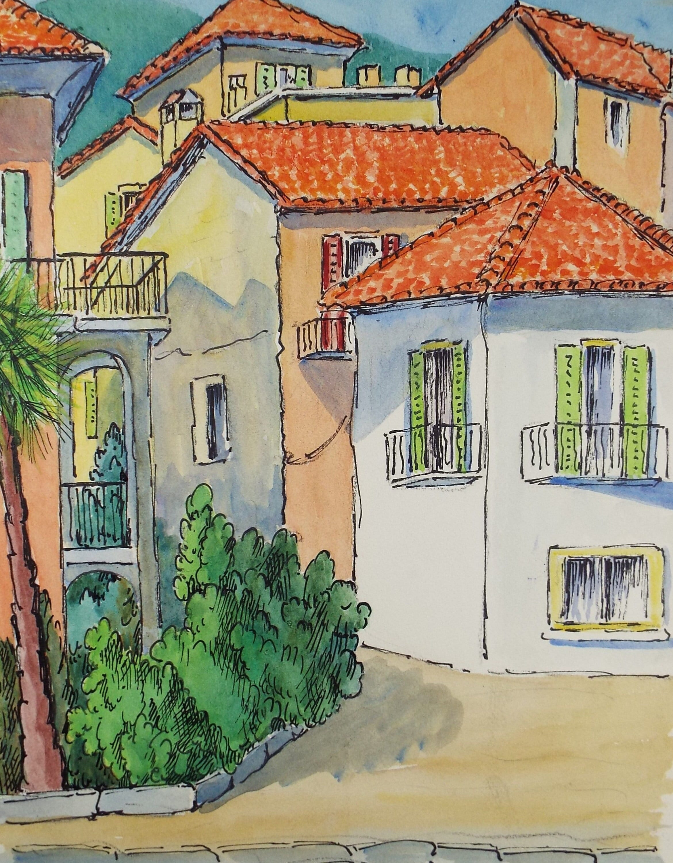 Original Watercolour & ink, 'Locarno, Switzerland', Cicely Glyn de Beers (1891-1973), Dated 1971