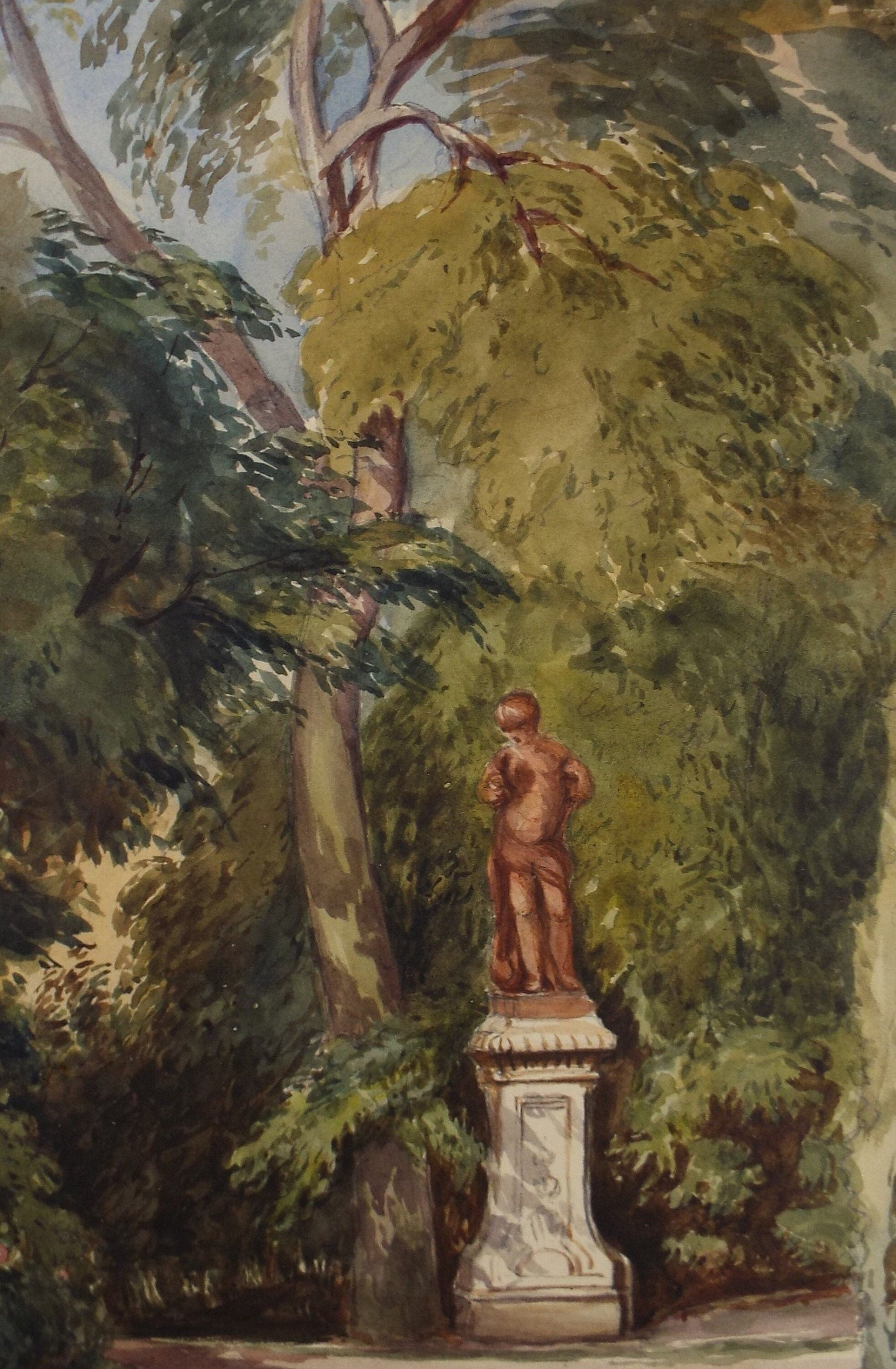 Original Watercolour, 'Parkland Statue' Artist Unknown, circa 1880