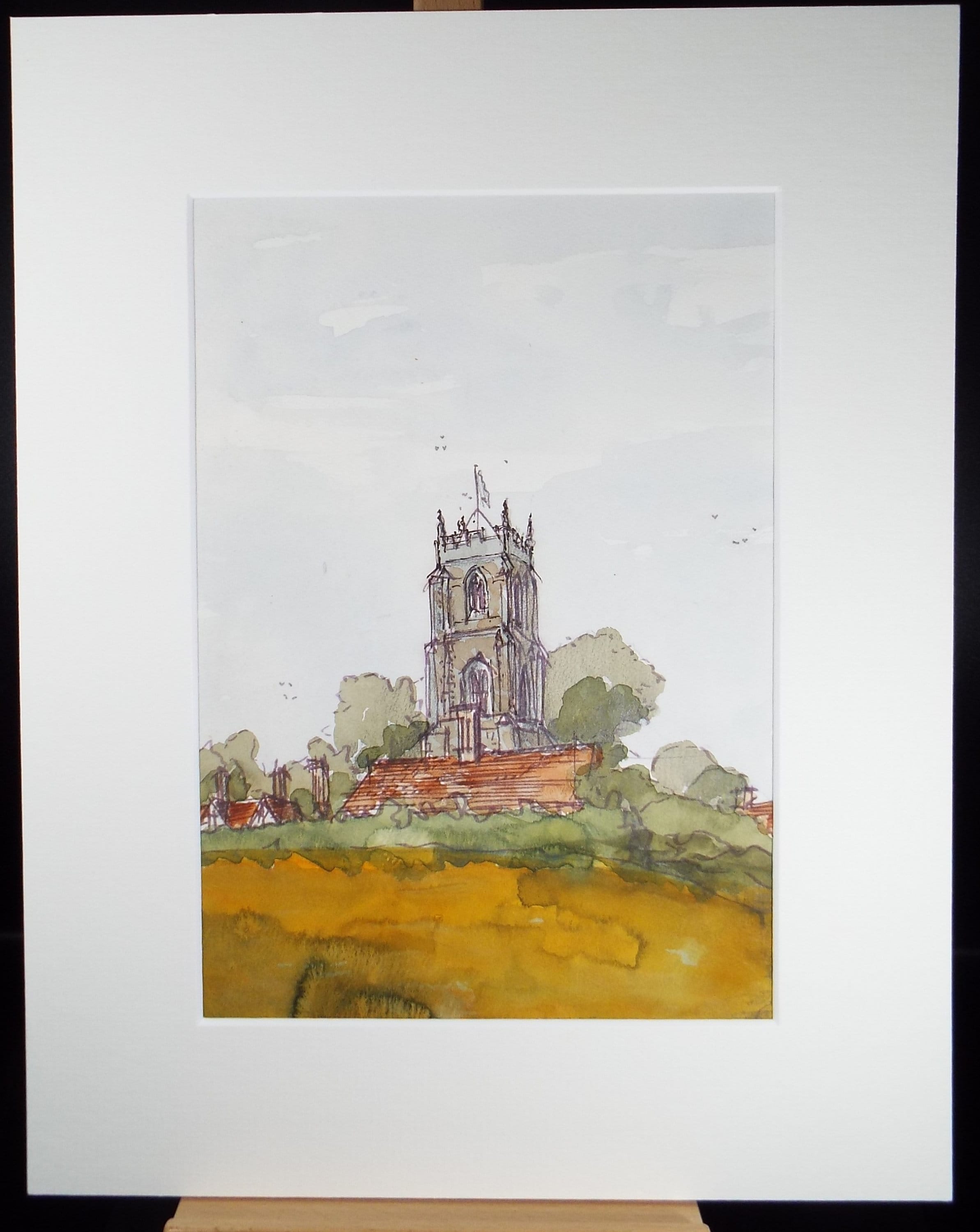 Original Watercolour, 'Church in a Landscape', Circa 1990's, Artist Unknown