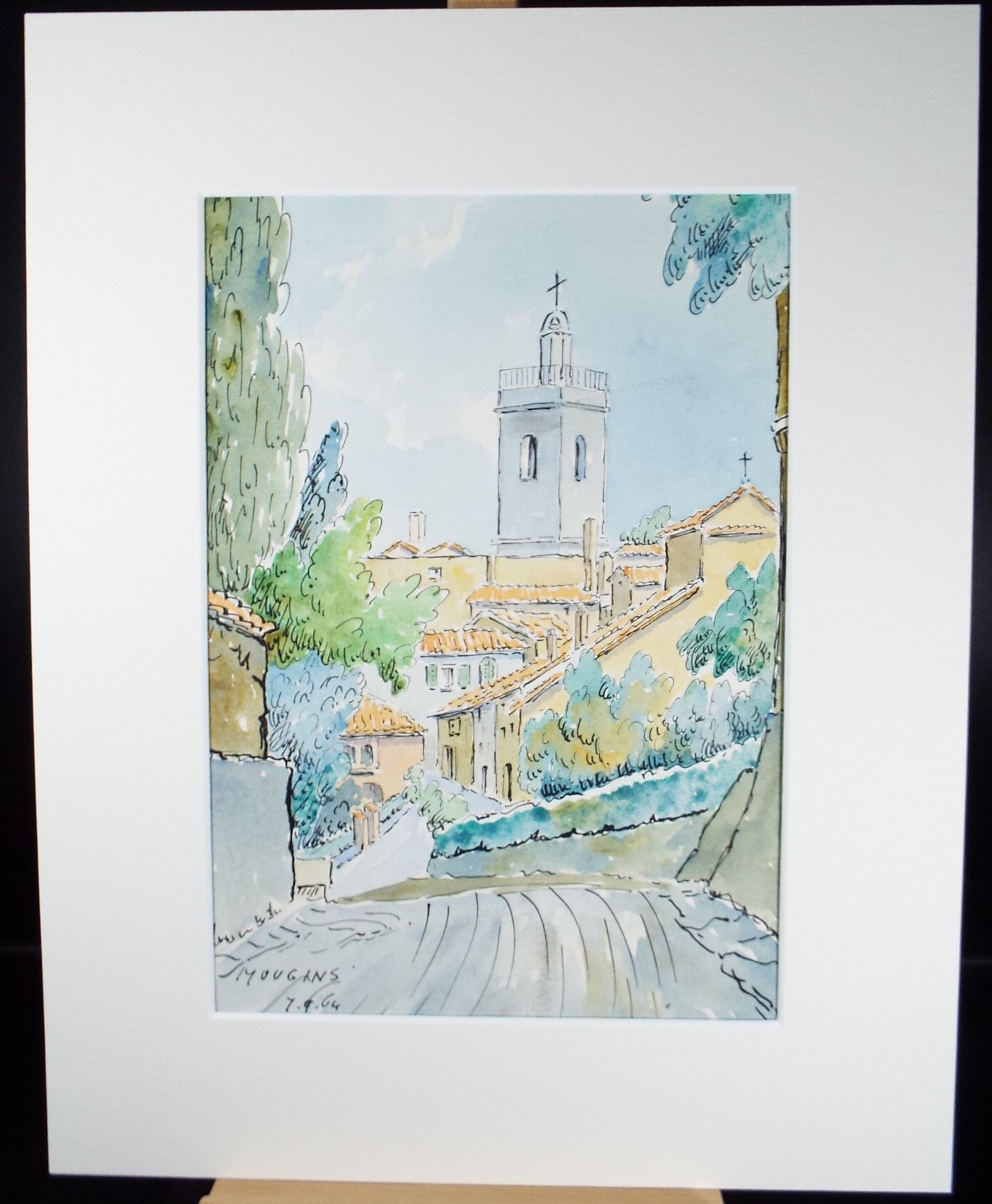 Original Watercolour & ink, 'Mougins', Cicely Glyn de Beers (1891-1973), Dated 1964