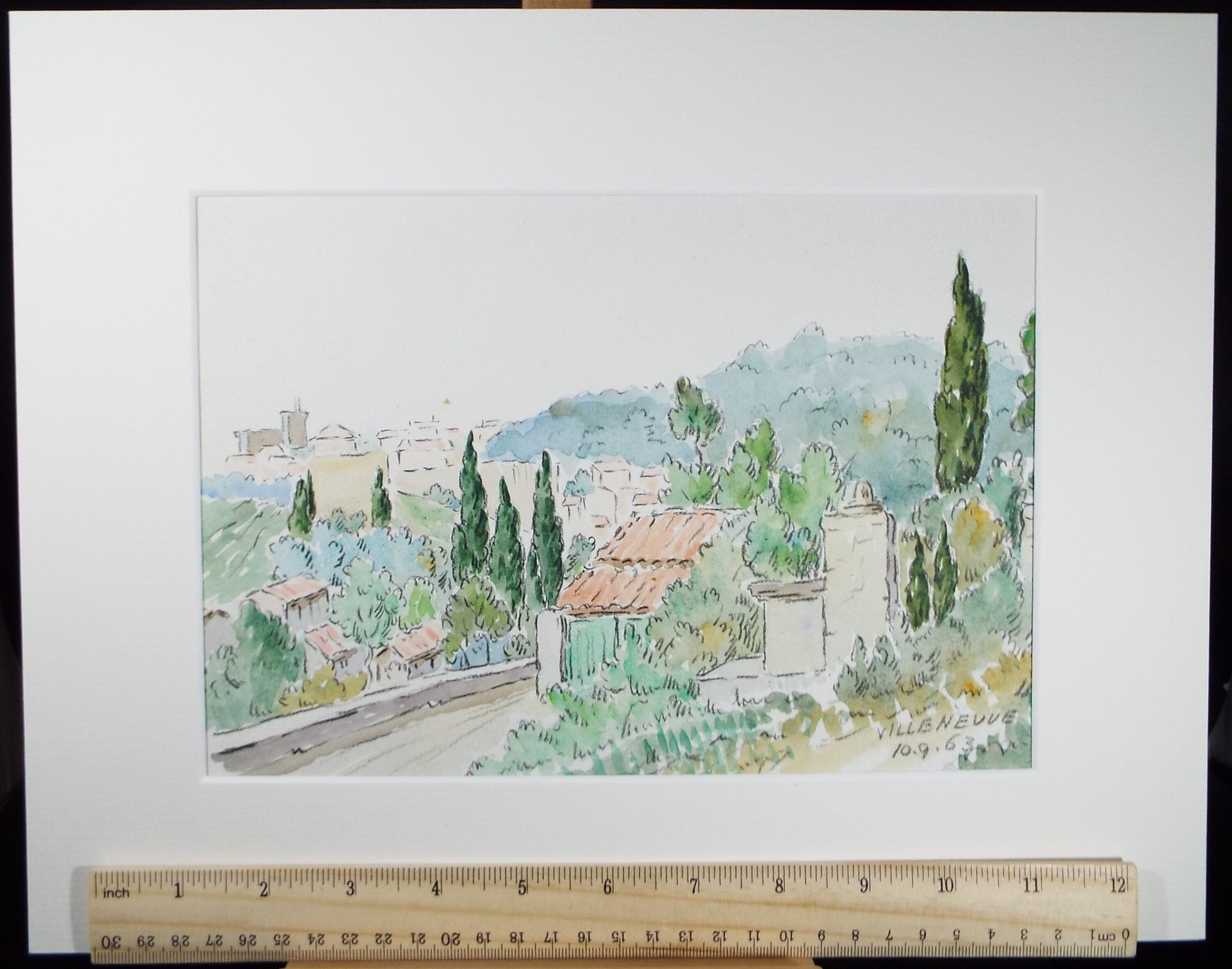 Original Watercolour & ink, 'Villeneuve', Cicely Glyn de Beers (1891-1973), Dated 1963