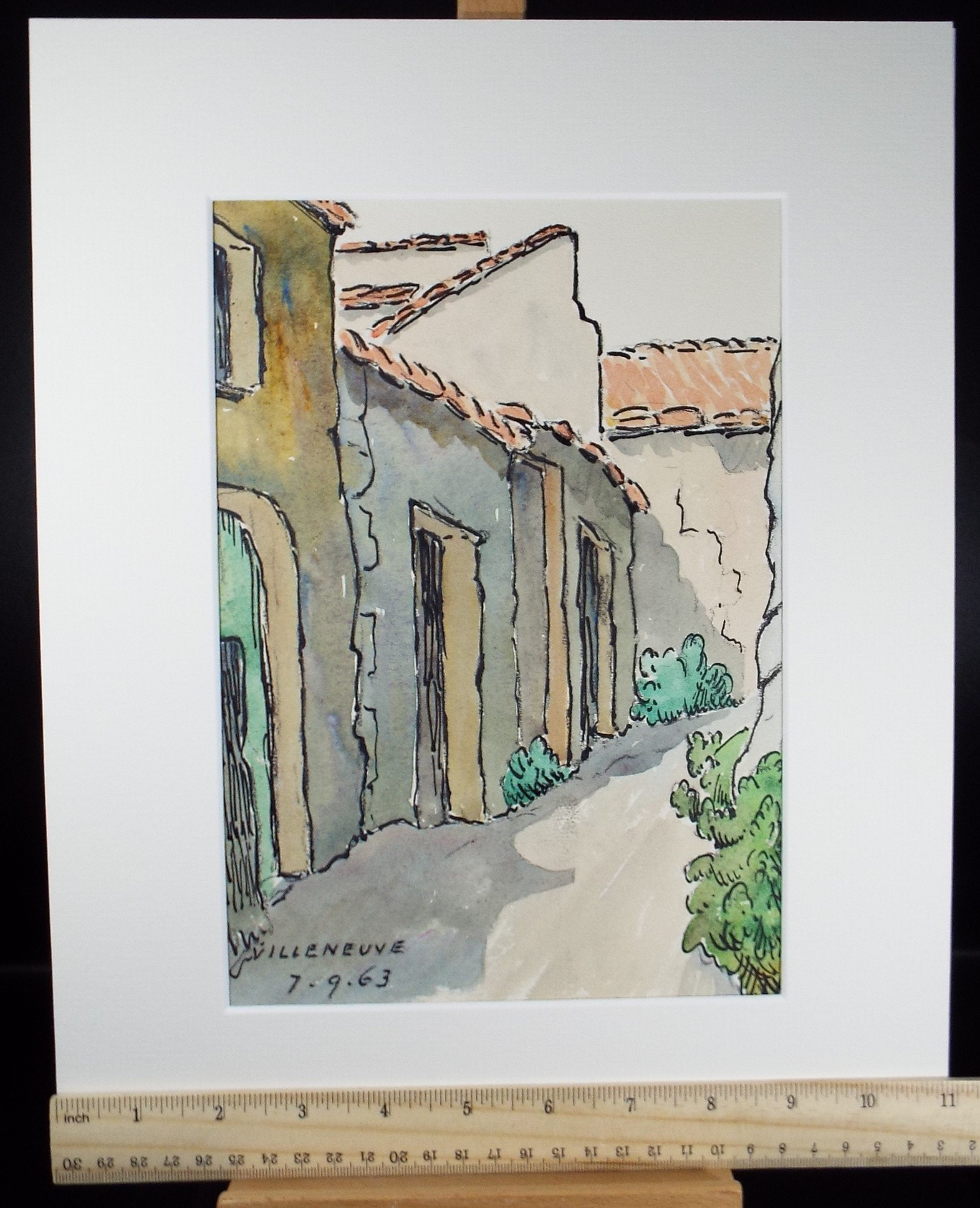 Original Watercolour & ink, 'Villeneuve', Cicely Glyn de Beers (1891-1973), Dated 1963