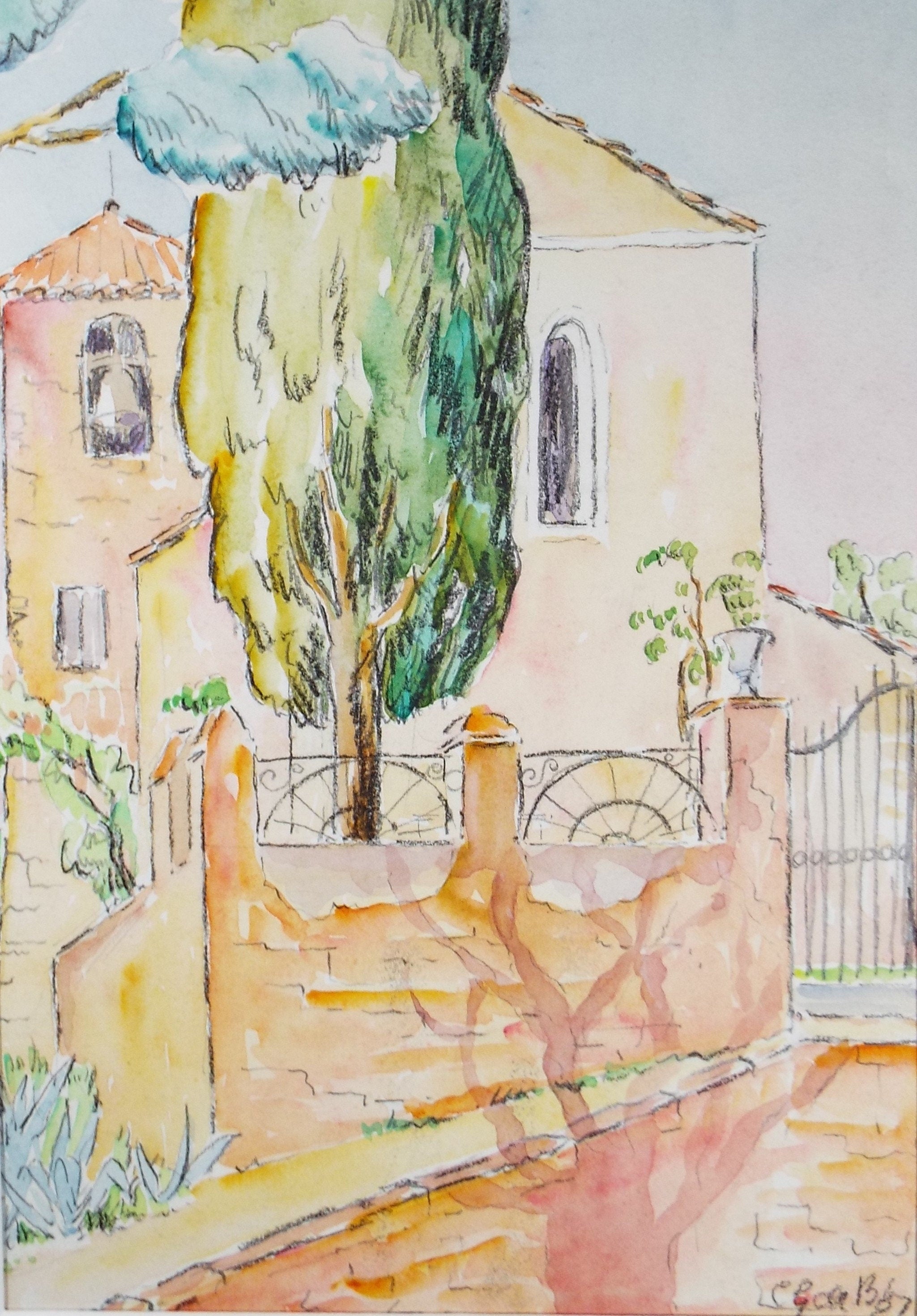 Original Watercolour & ink, 'Continental Villa', Cicely Glyn de Beers (1891-1973), Dated 1937