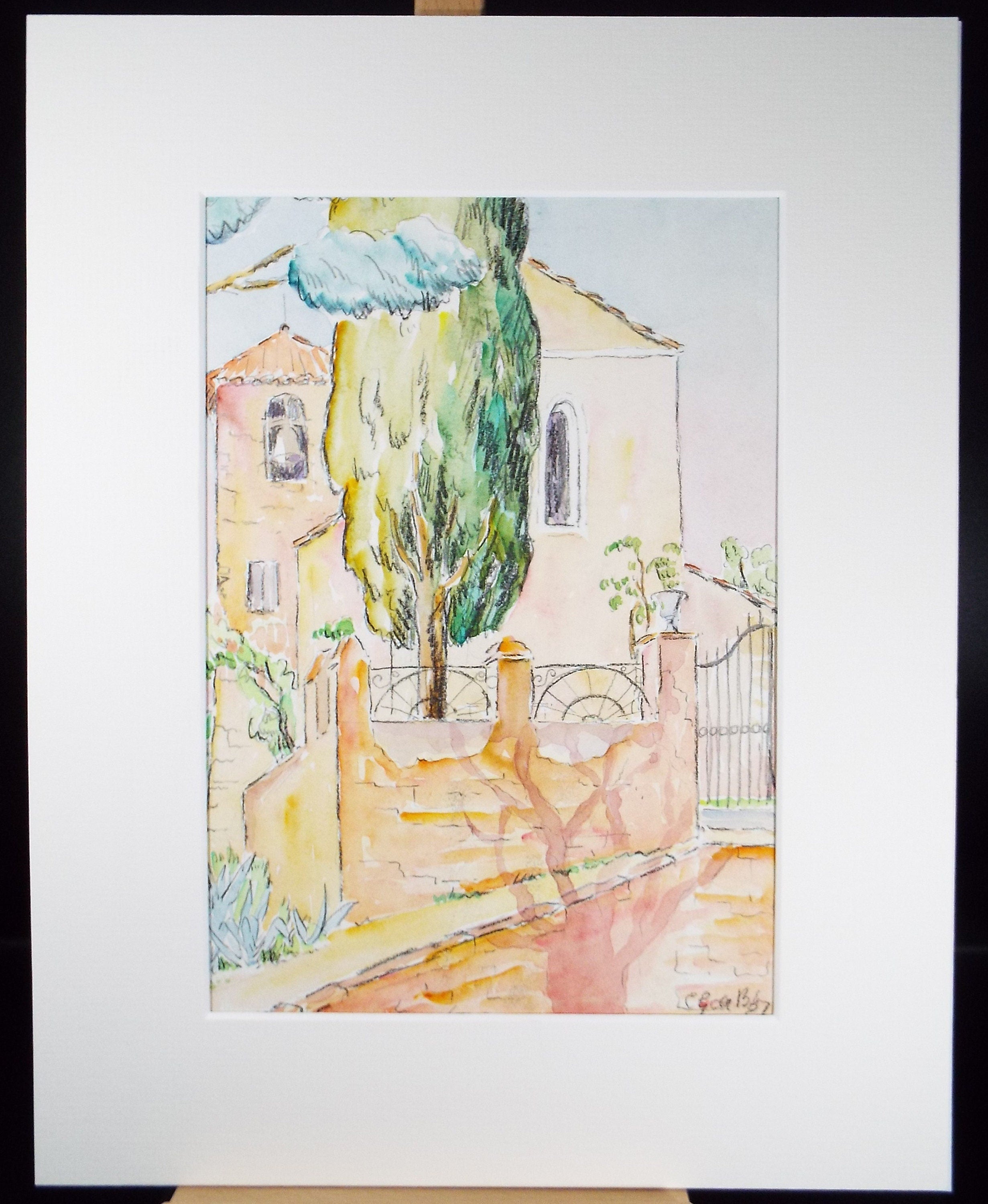 Original Watercolour & ink, 'Continental Villa', Cicely Glyn de Beers (1891-1973), Dated 1937