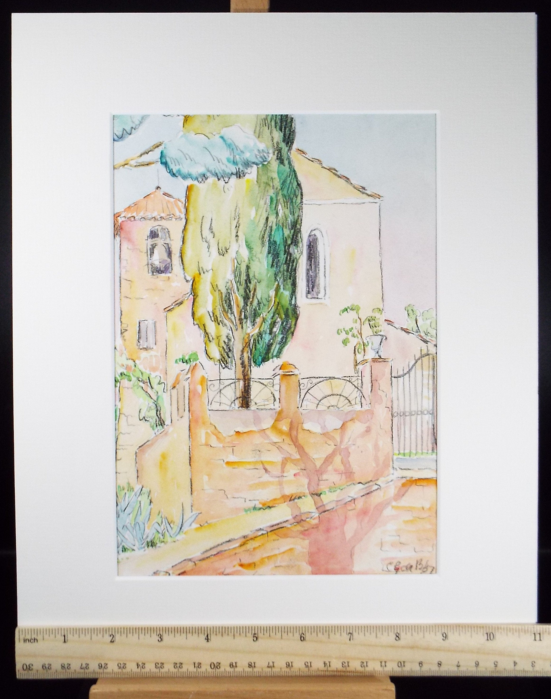 Original Watercolour & ink, 'Continental Villa', Cicely Glyn de Beers (1891-1973), Dated 1937