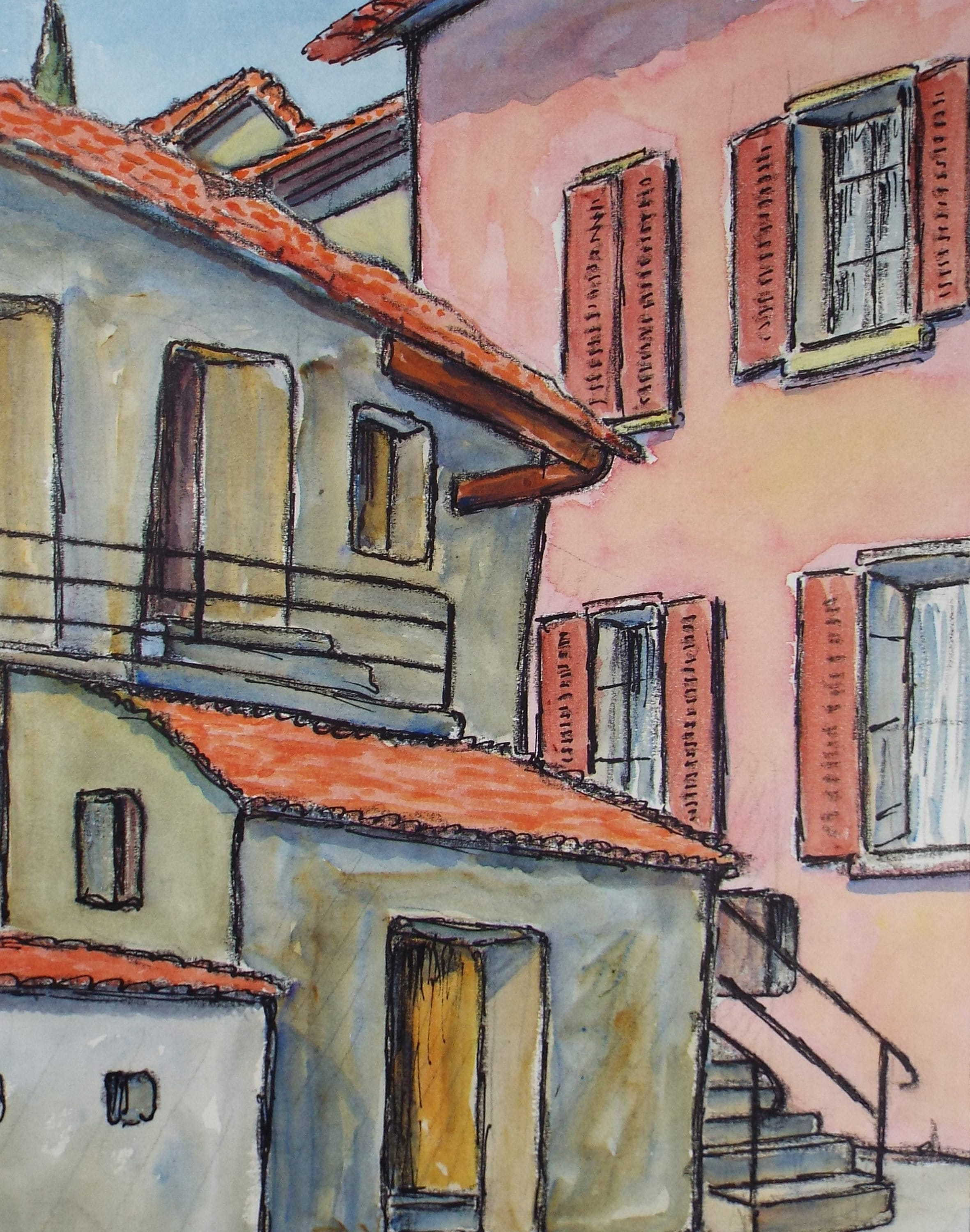 Original Watercolour & ink, 'Locarno, Switzerland', Cicely Glyn de Beers (1891-1973), circa 1971