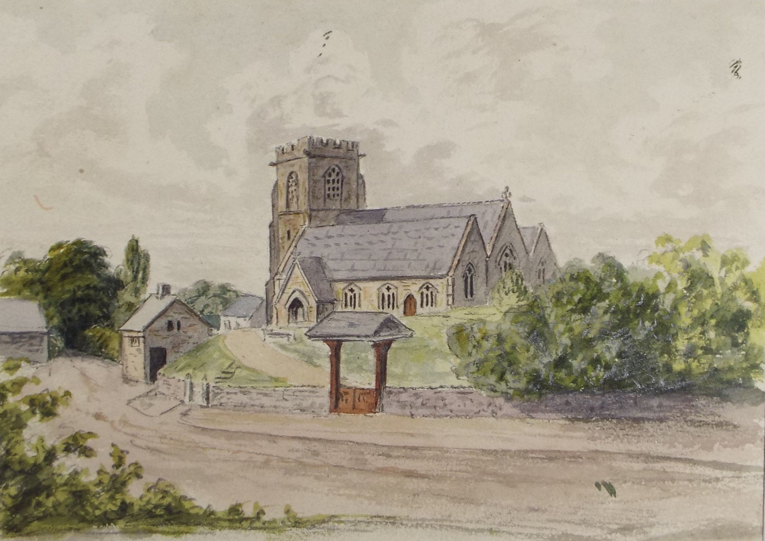 Original Watercolour, 'Village Church', Circa 1890, Artist Unknown