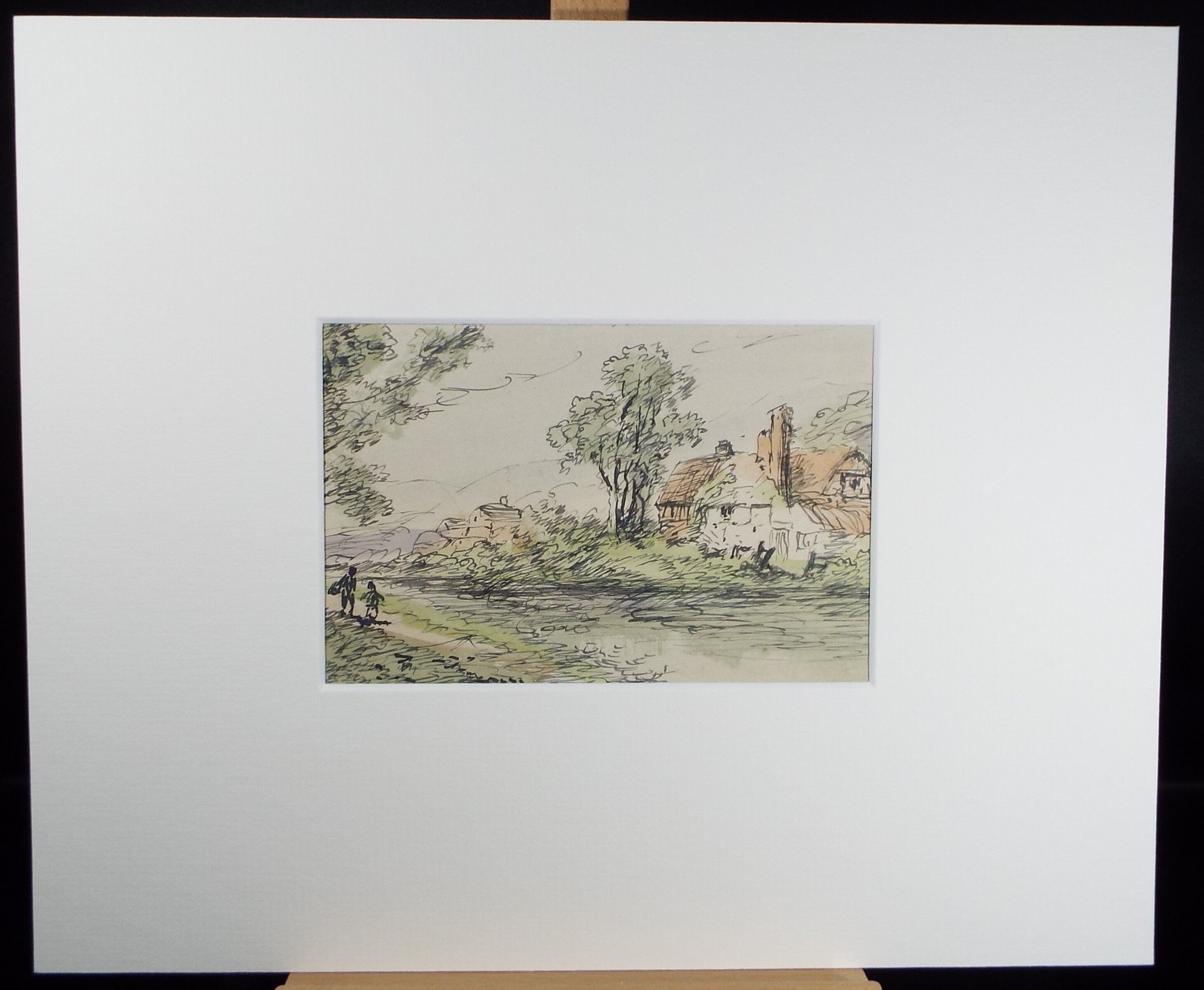 Original Watercolour, 'Riverside Cottage with Figures', Circa 1920's, W. Stone