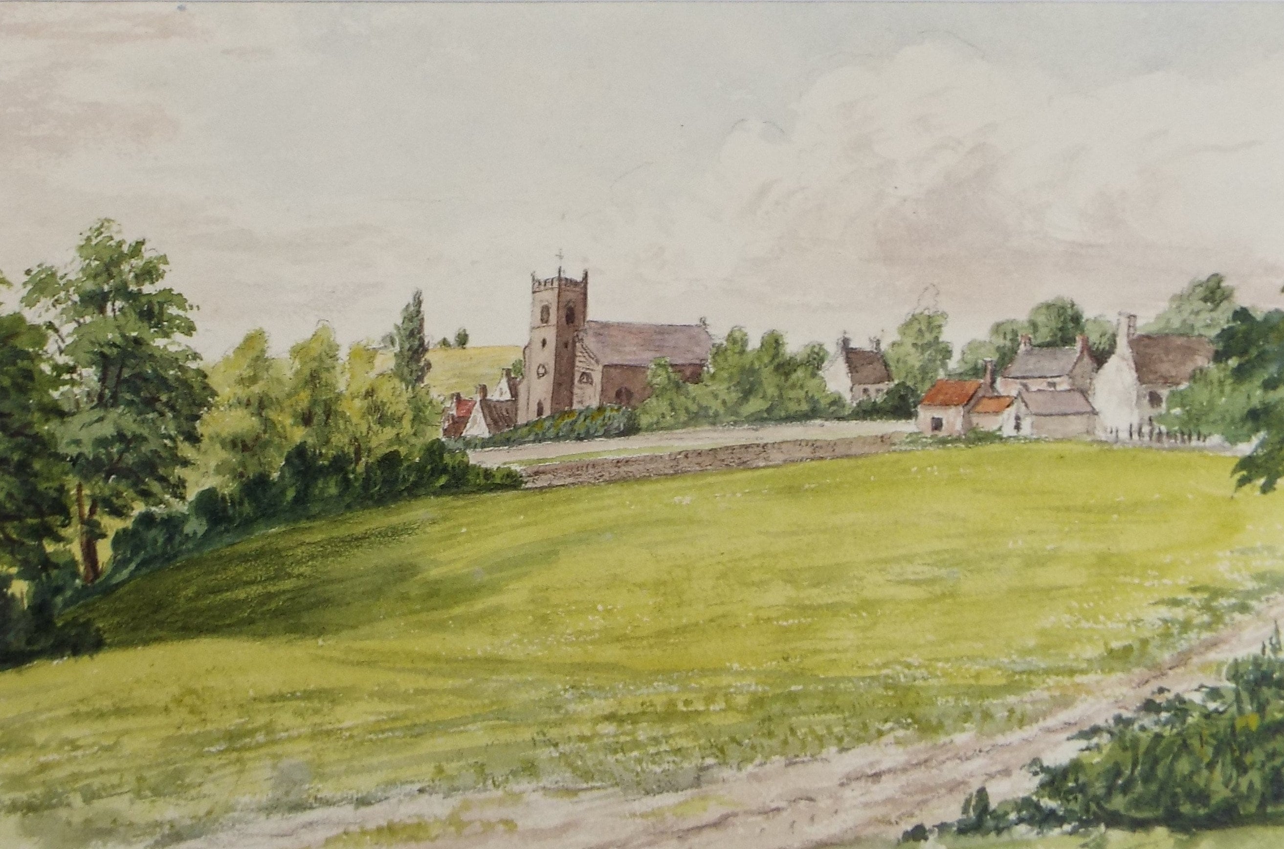 Original Watercolour, 'Village with Church', Circa 1890, Artist Unknown