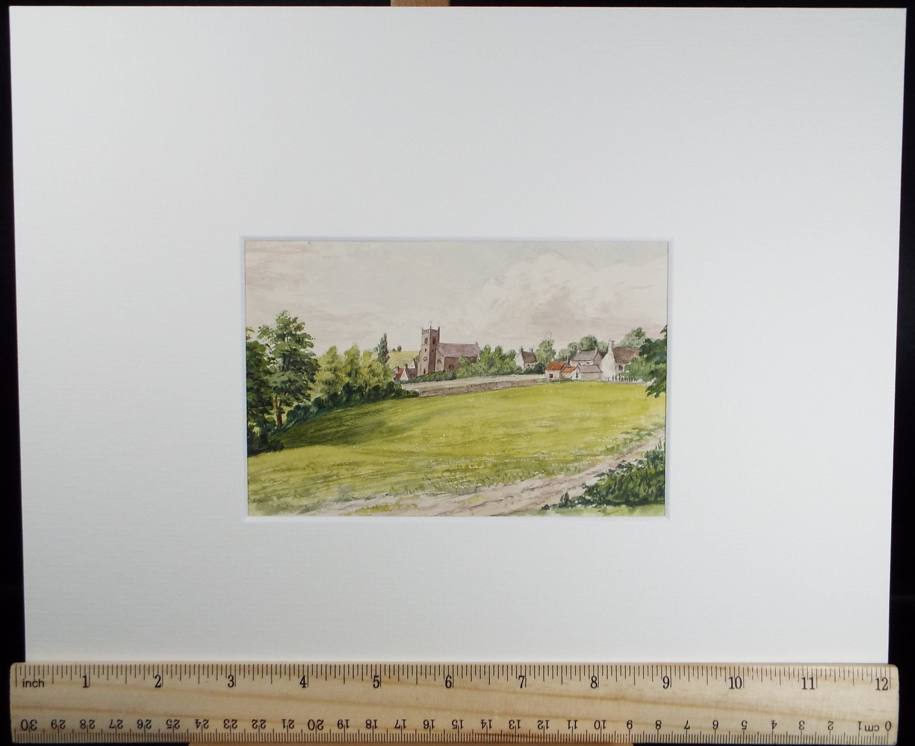 Original Watercolour, 'Village with Church', Circa 1890, Artist Unknown