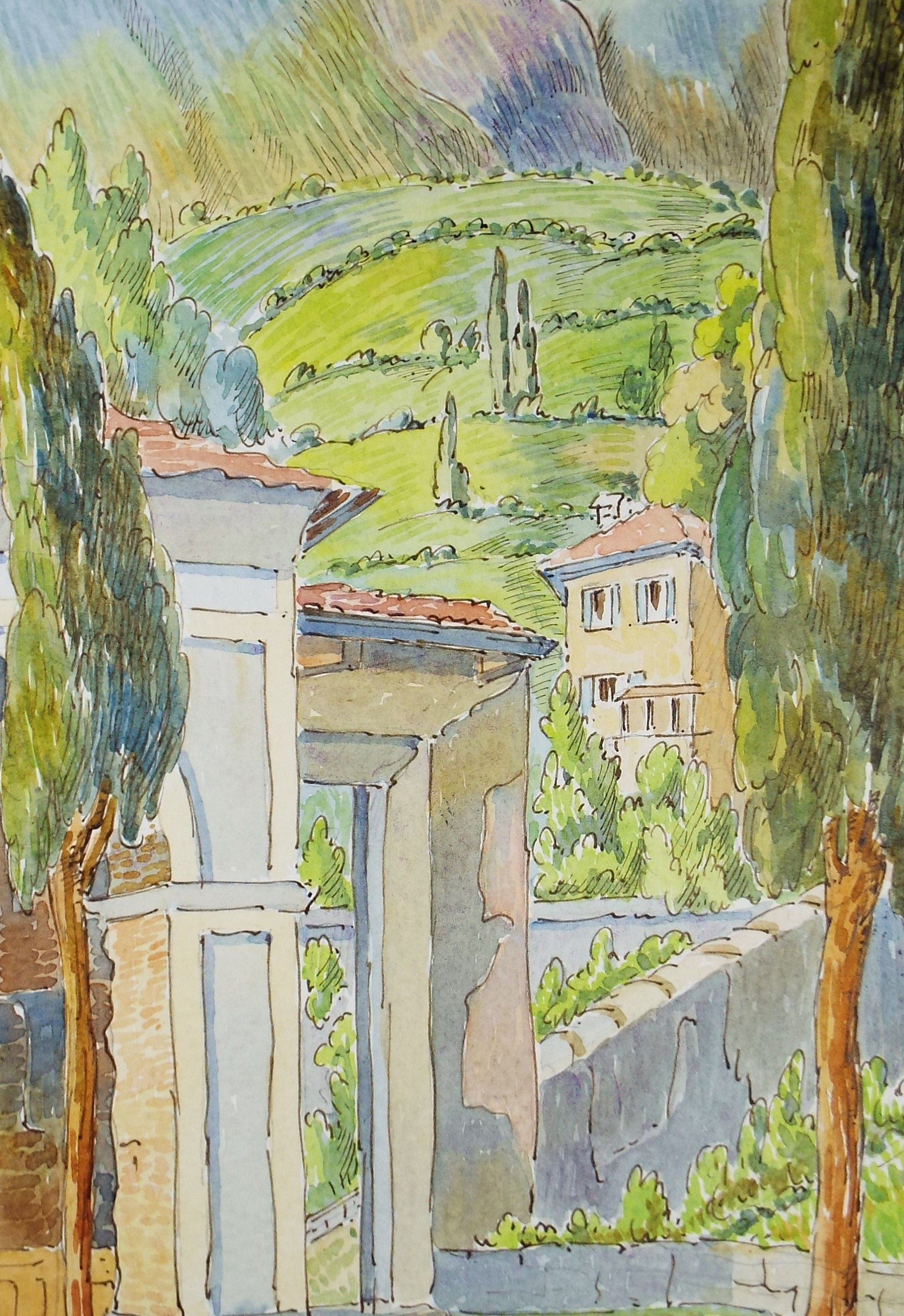 Original Watercolour & Ink , 'Hillside Village', Cicely Glyn de Beers (1891-1973), Dated 1958