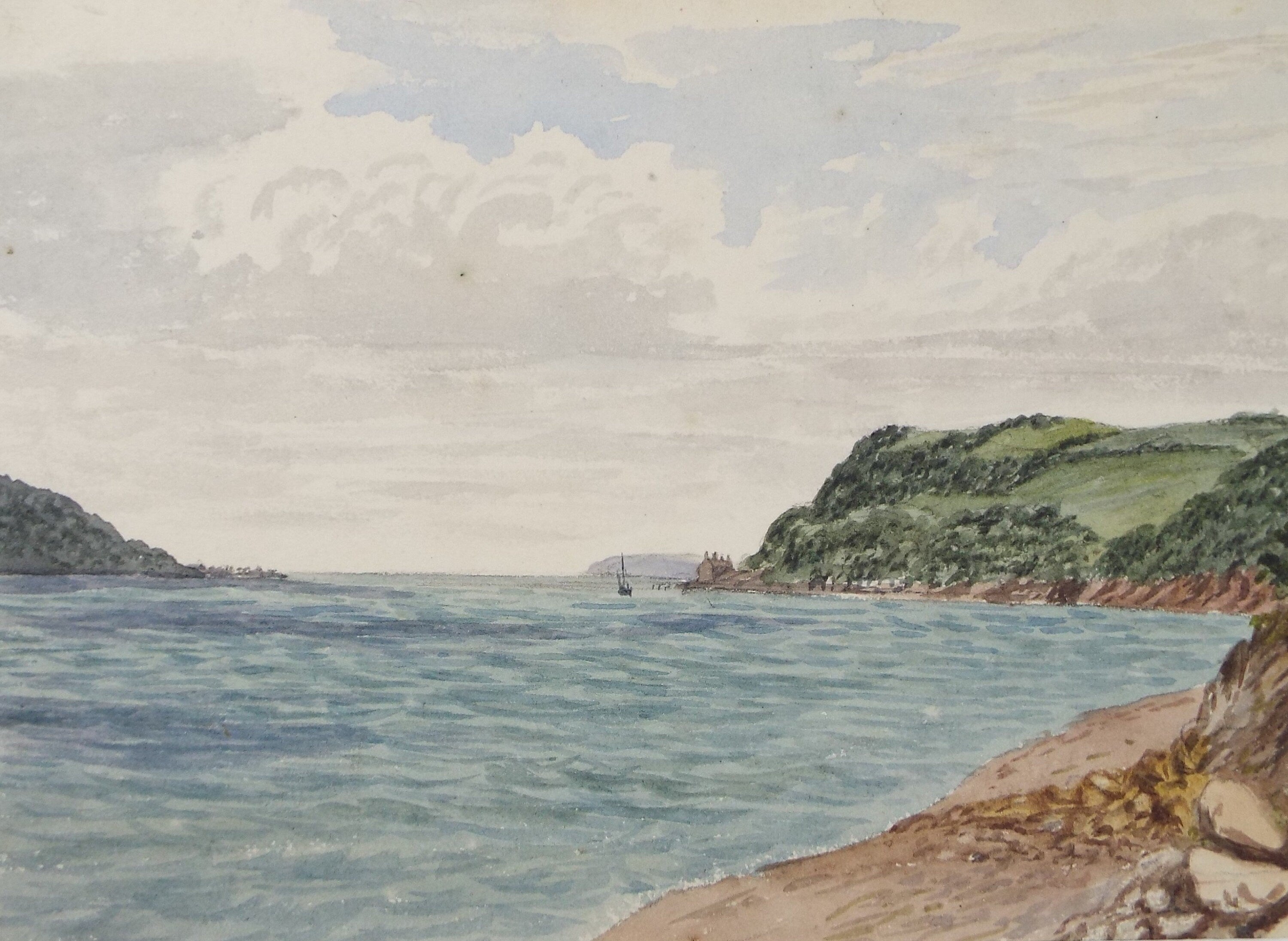 Original Watercolour, late 19th Century, 'Bay with Green Headland' Unknown Artist