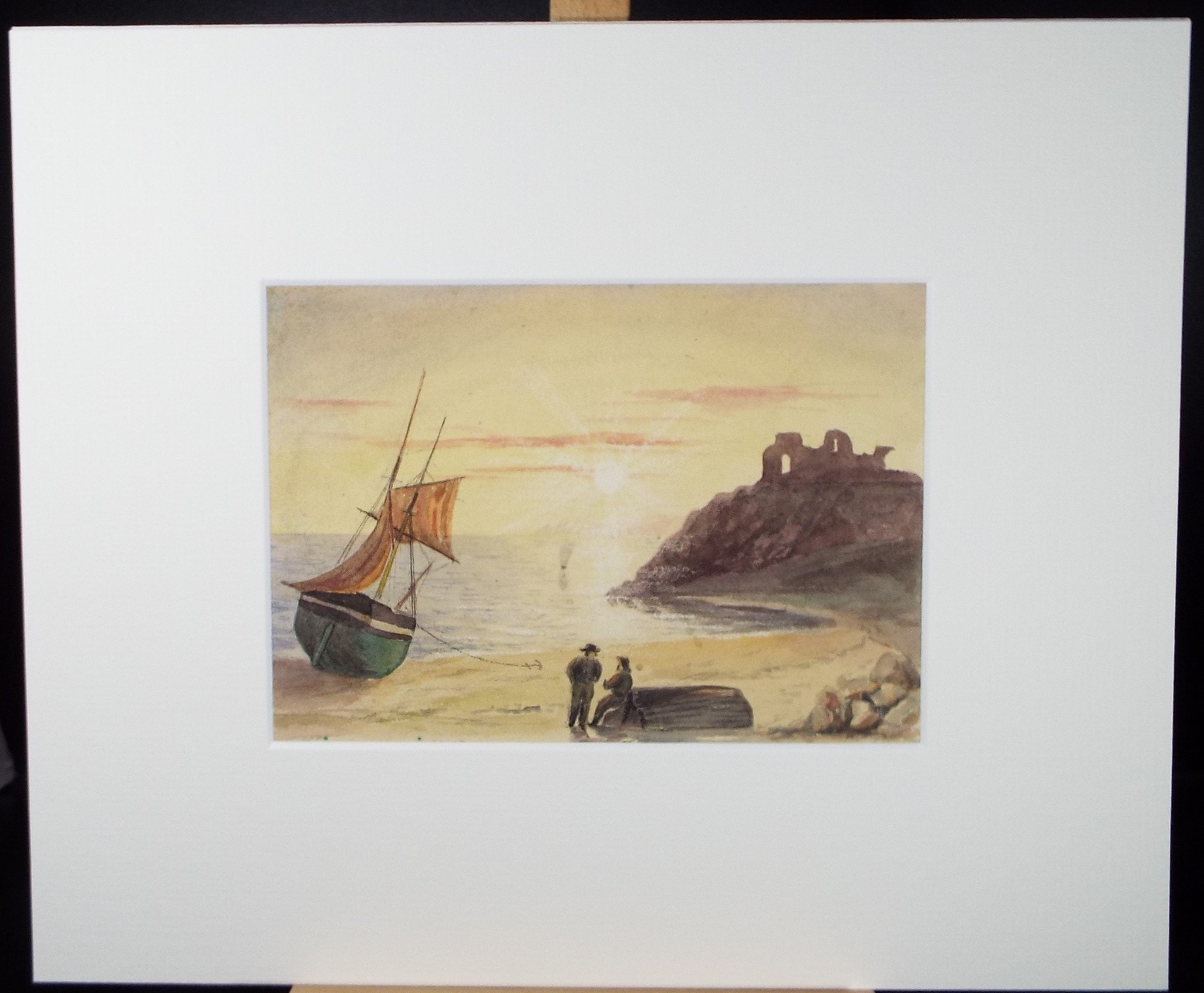 Original Watercolour, 'Boat on the Shore with figures', Late 19th Century, Unknown Artist