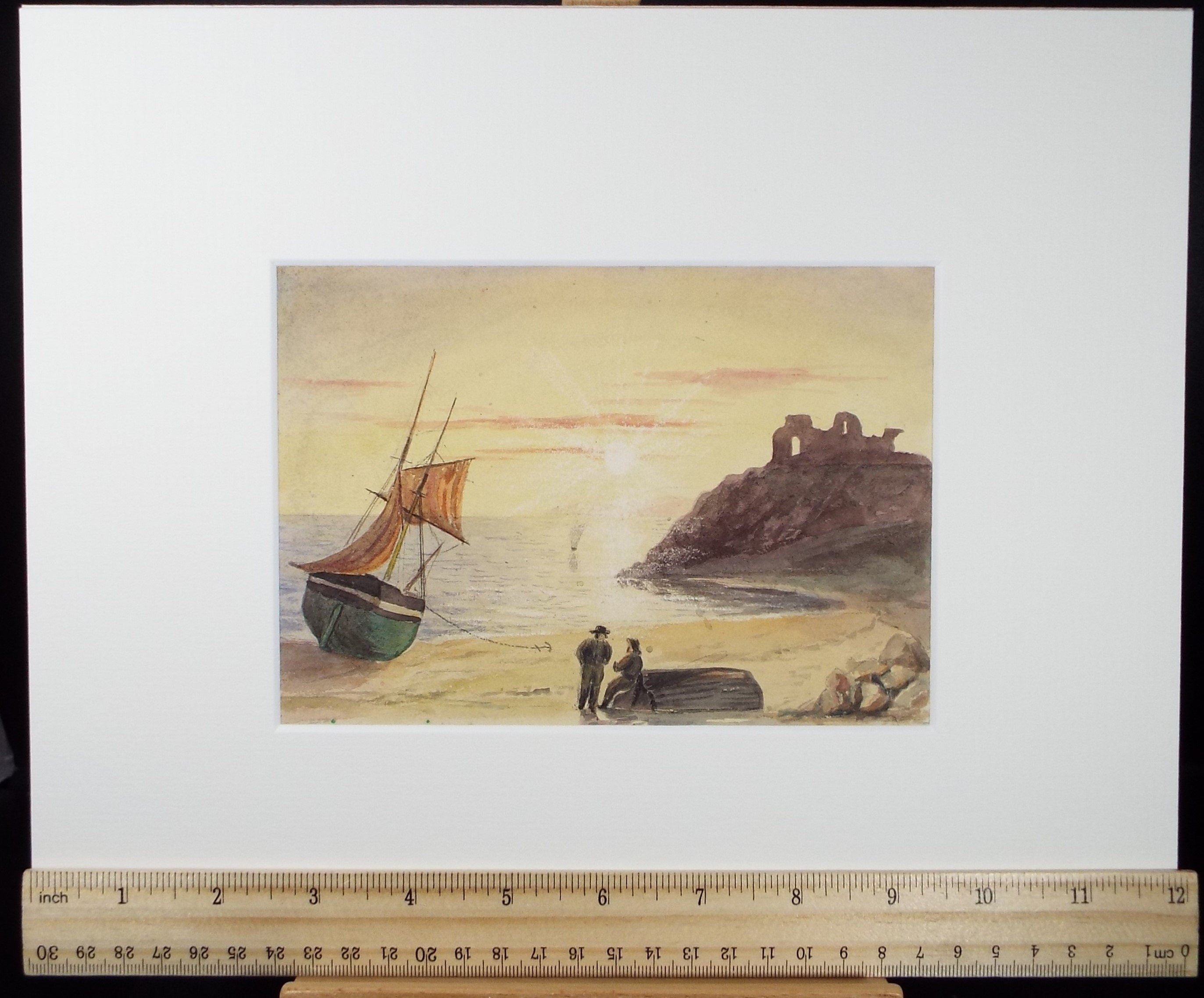 Original Watercolour, 'Boat on the Shore with figures', Late 19th Century, Unknown Artist