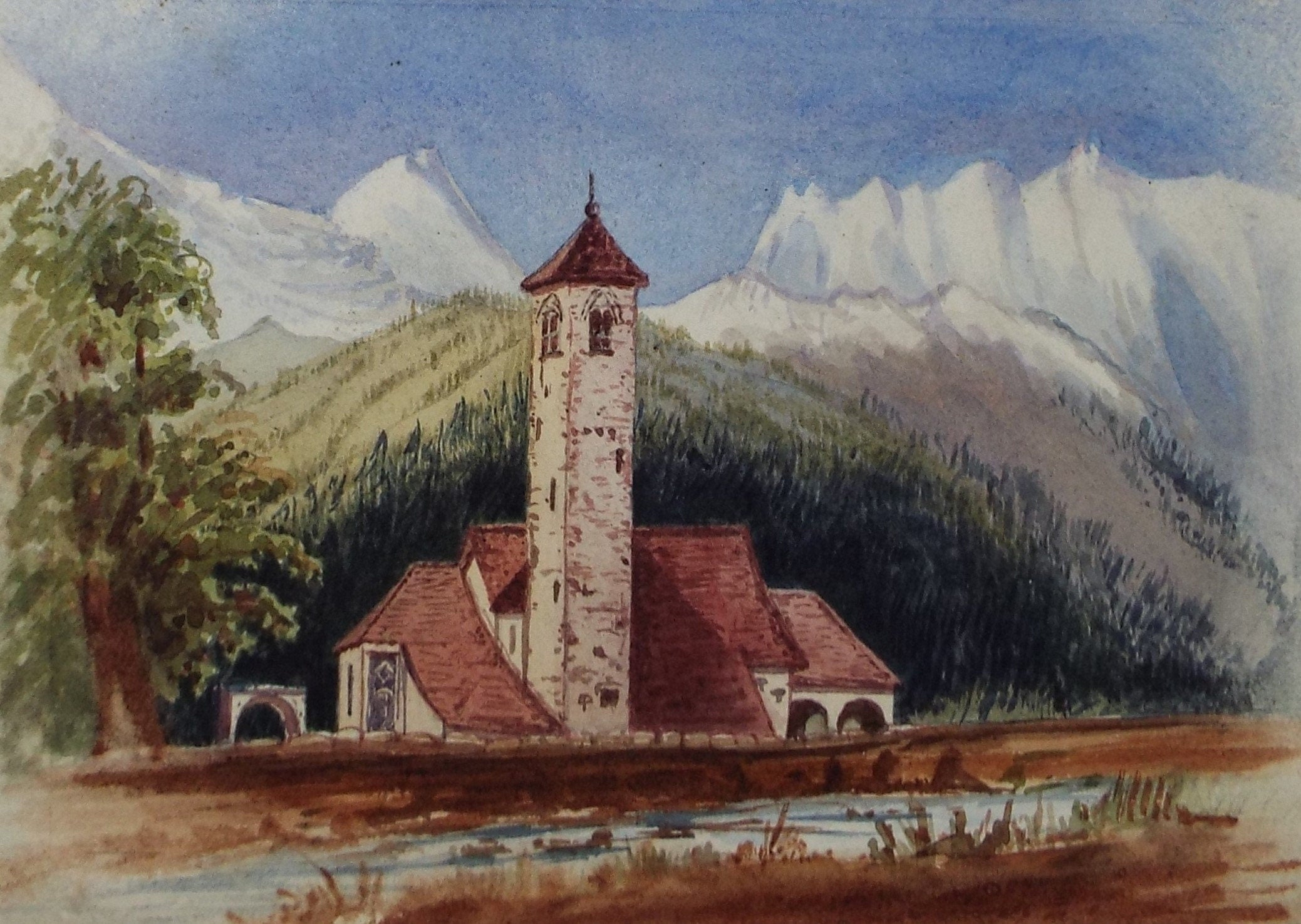 Original Watercolour, Alpine Village church, Late 19th Century, Artist Unknown