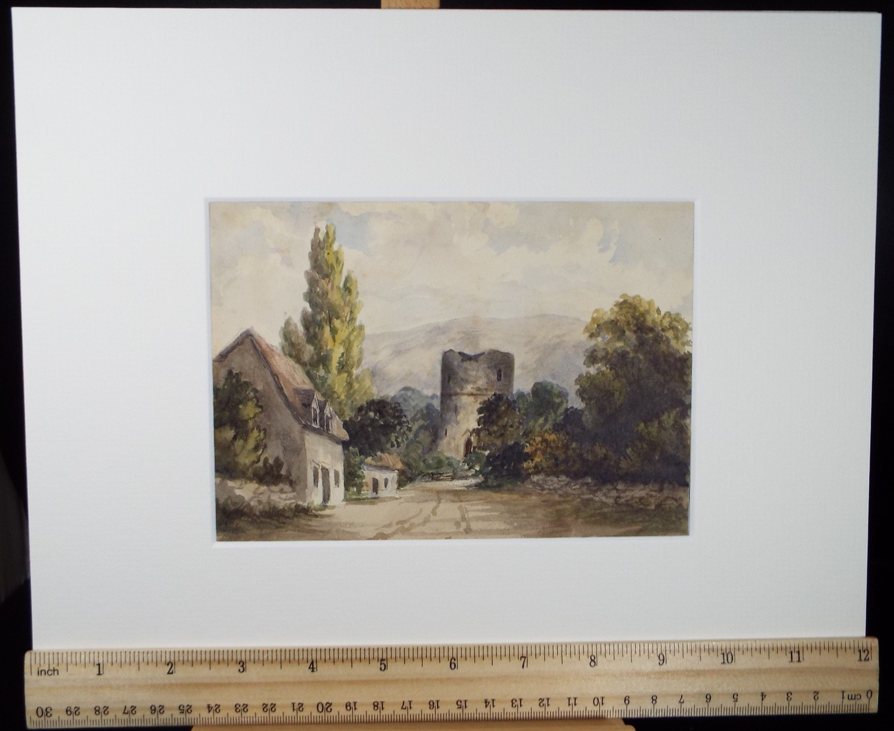 Original Watercolour, 'Tower Ruin on a Country Lane', Circa 1890's, Unknown Artist