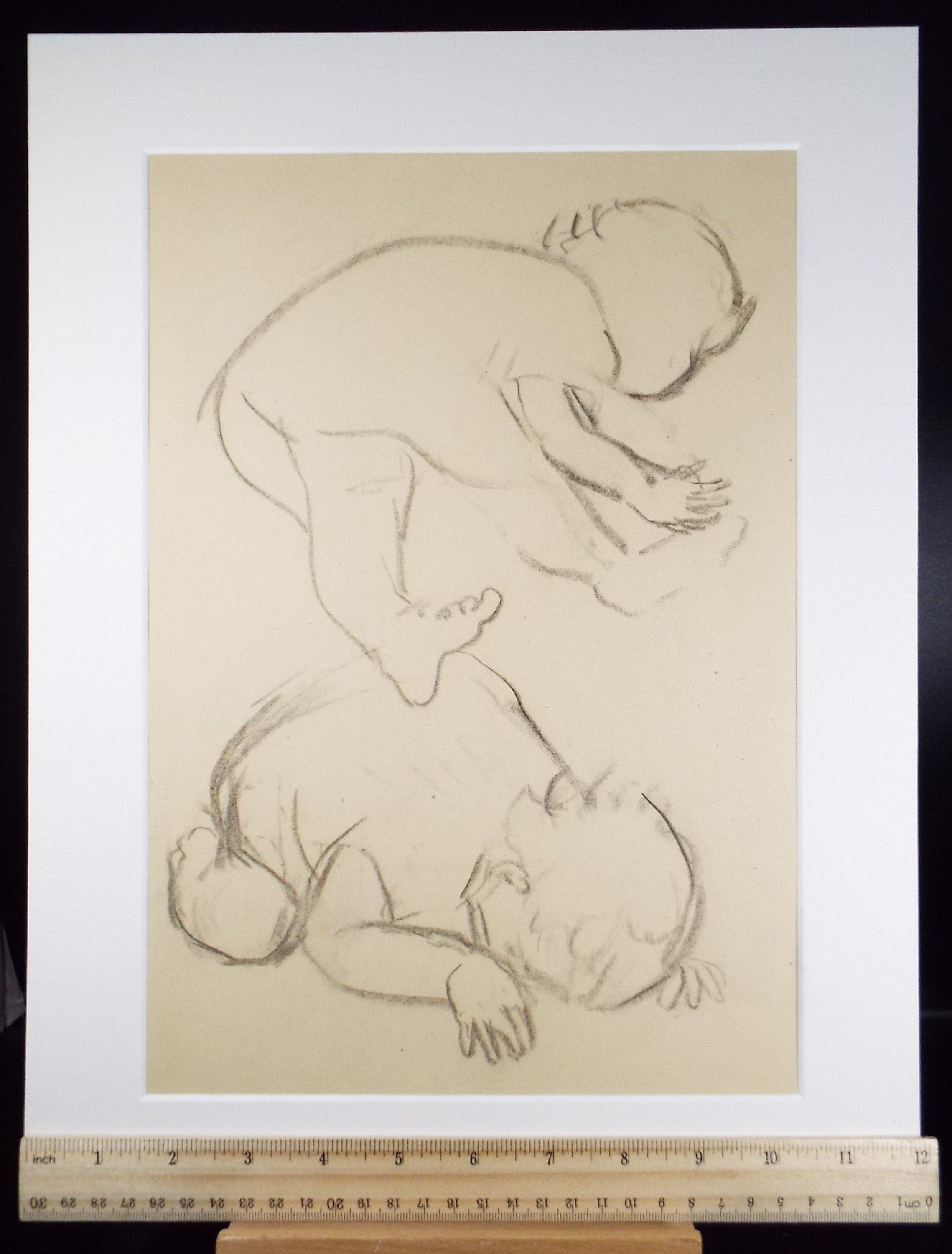 Original Conte Drawing, 'Baby Study', Leslie Duxbury ARCA (1921-2001), Circa 1970's