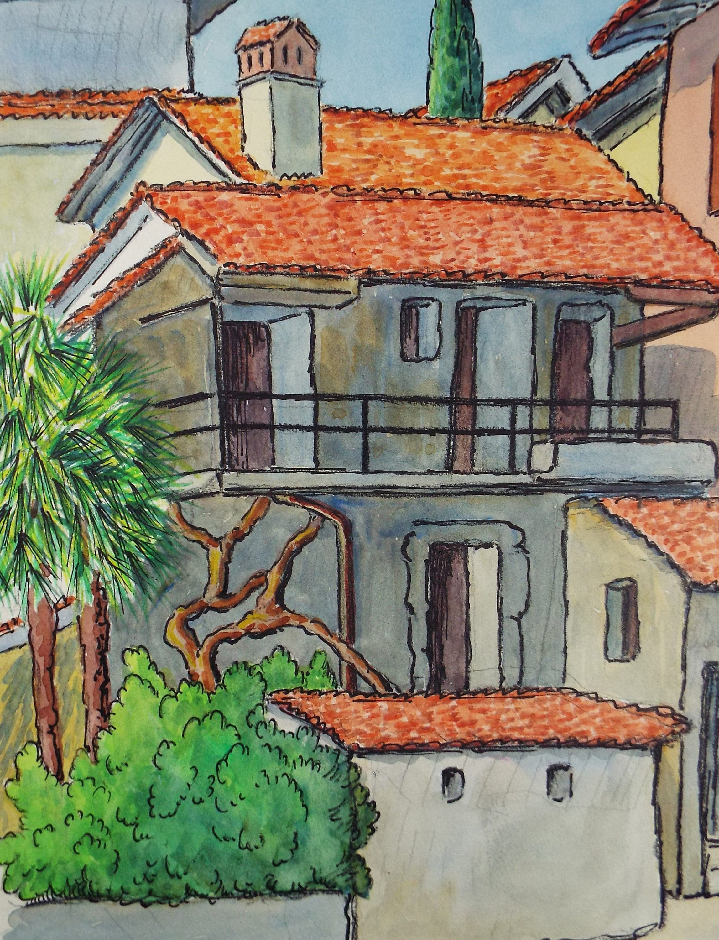 Original Watercolour & ink, 'Locarno, Switzerland', Cicely Glyn de Beers (1891-1973), Dated 1971