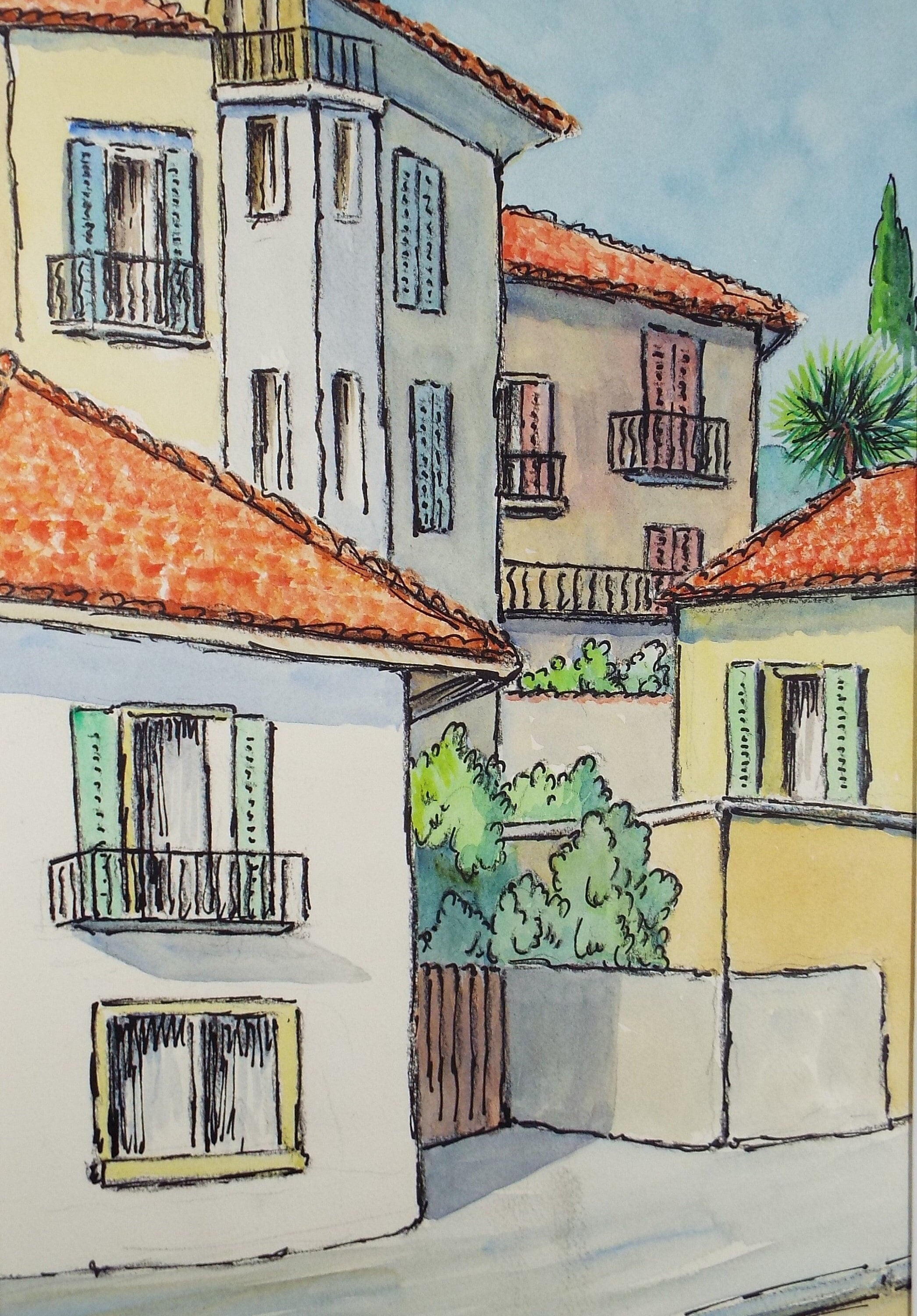 Original Watercolour & ink, 'Locarno, Switzerland', Cicely Glyn de Beers (1891-1973), Dated 1971