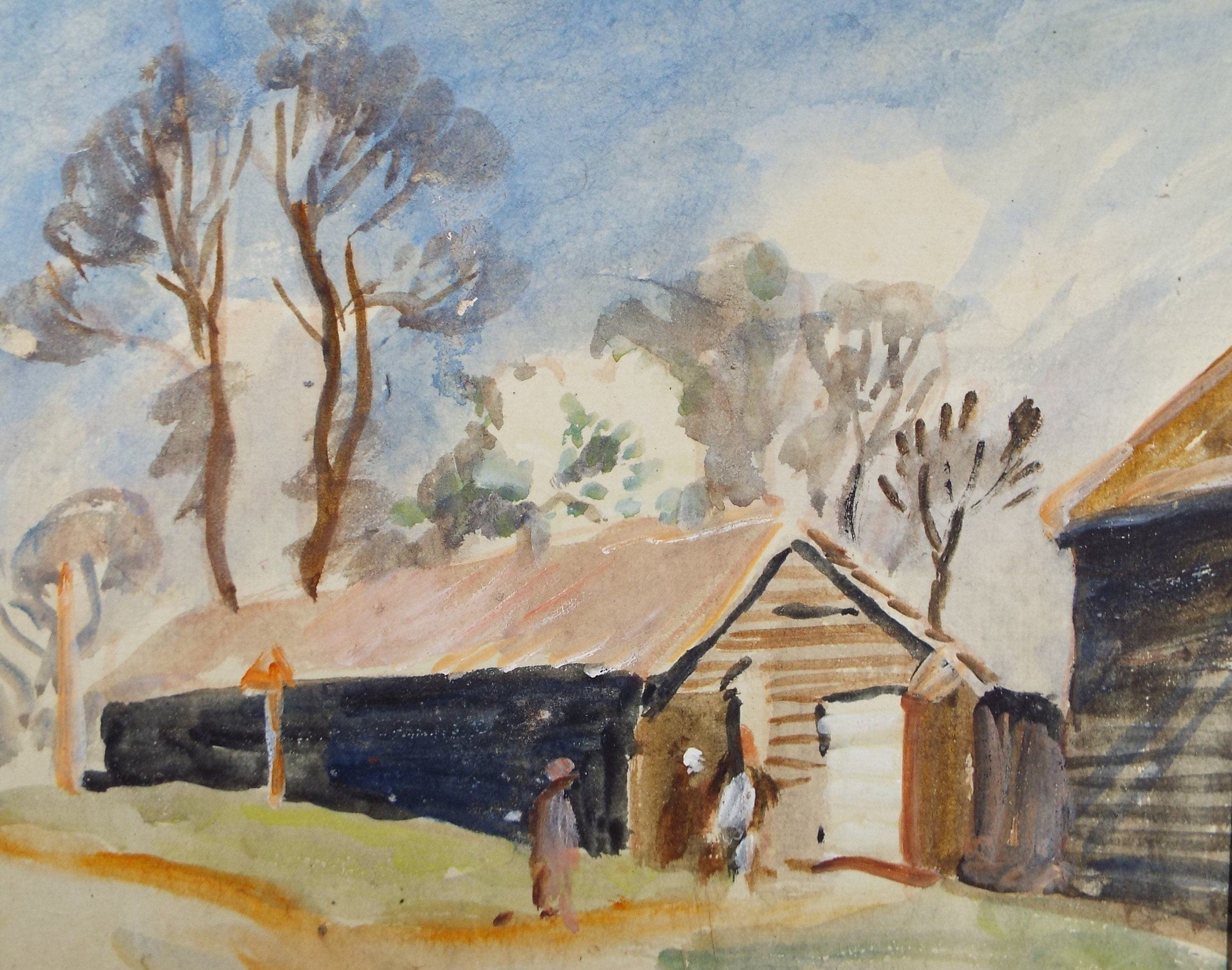 Original Watercolour, 'Figure with Barns', Circa 1920, Robert G.D. Alexander (1875-1945)