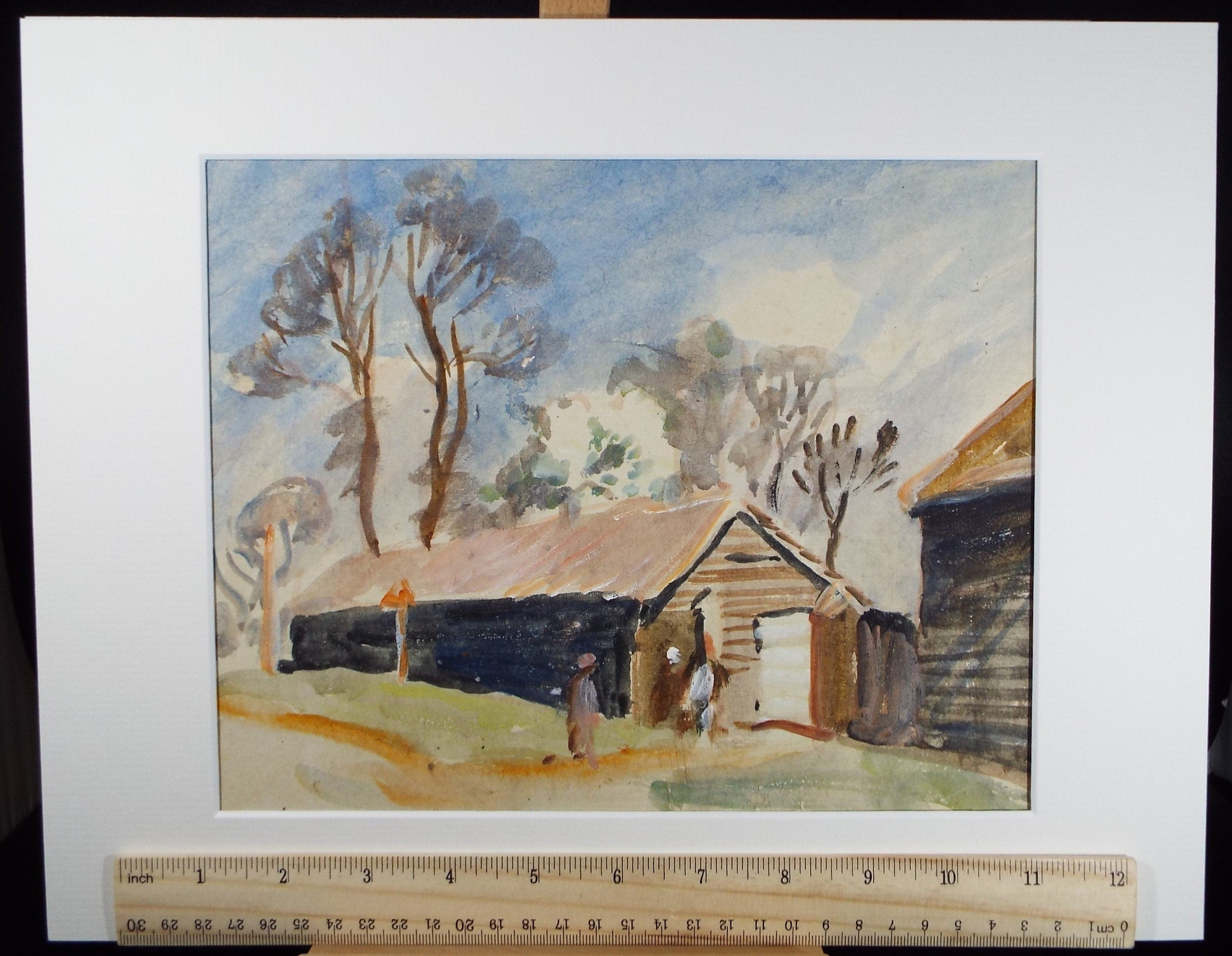 Original Watercolour, 'Figure with Barns', Circa 1920, Robert G.D. Alexander (1875-1945)