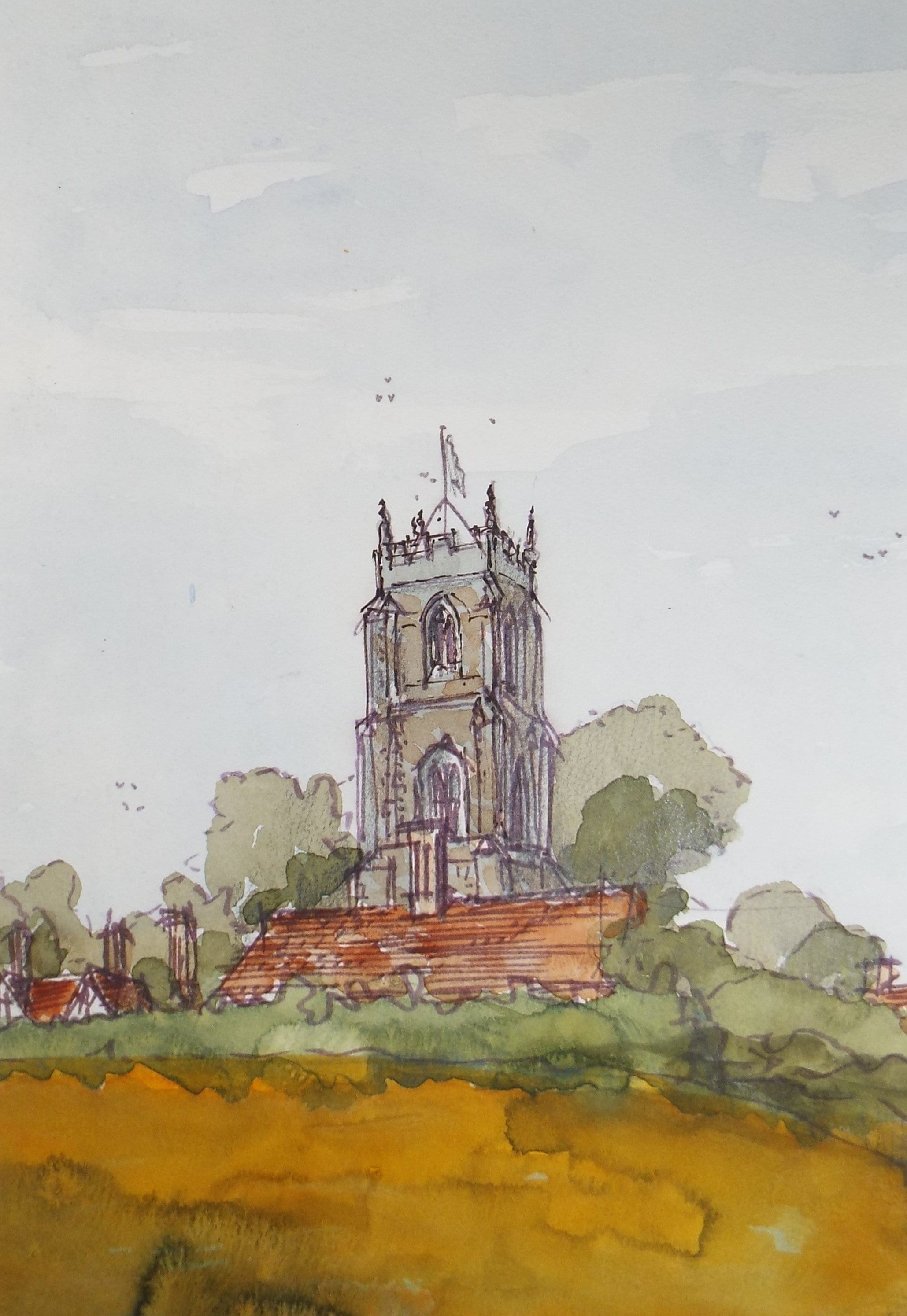 Original Watercolour, 'Church in a Landscape', Circa 1990's, Artist Unknown