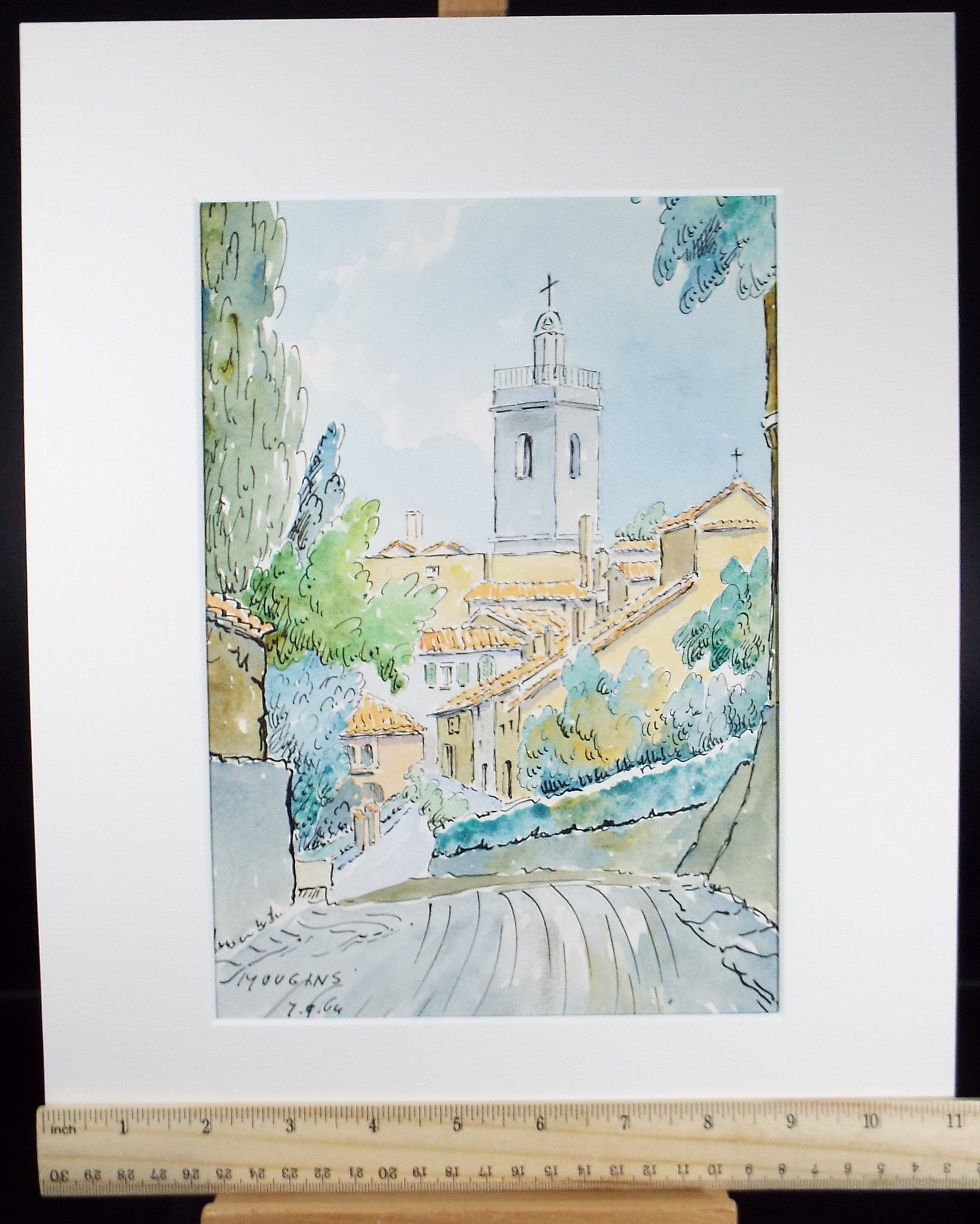 Original Watercolour & ink, 'Mougins', Cicely Glyn de Beers (1891-1973), Dated 1964