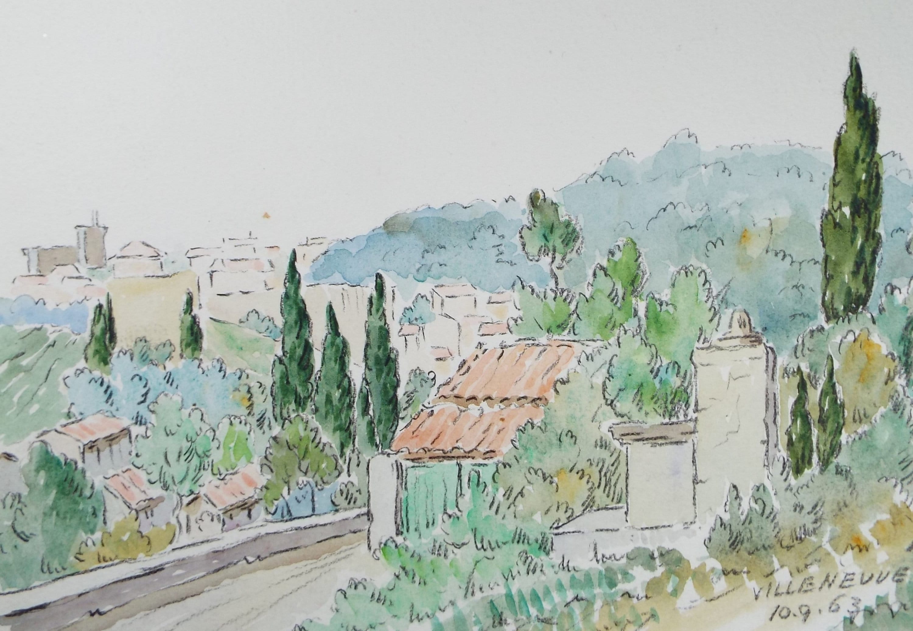 Original Watercolour & ink, 'Villeneuve', Cicely Glyn de Beers (1891-1973), Dated 1963