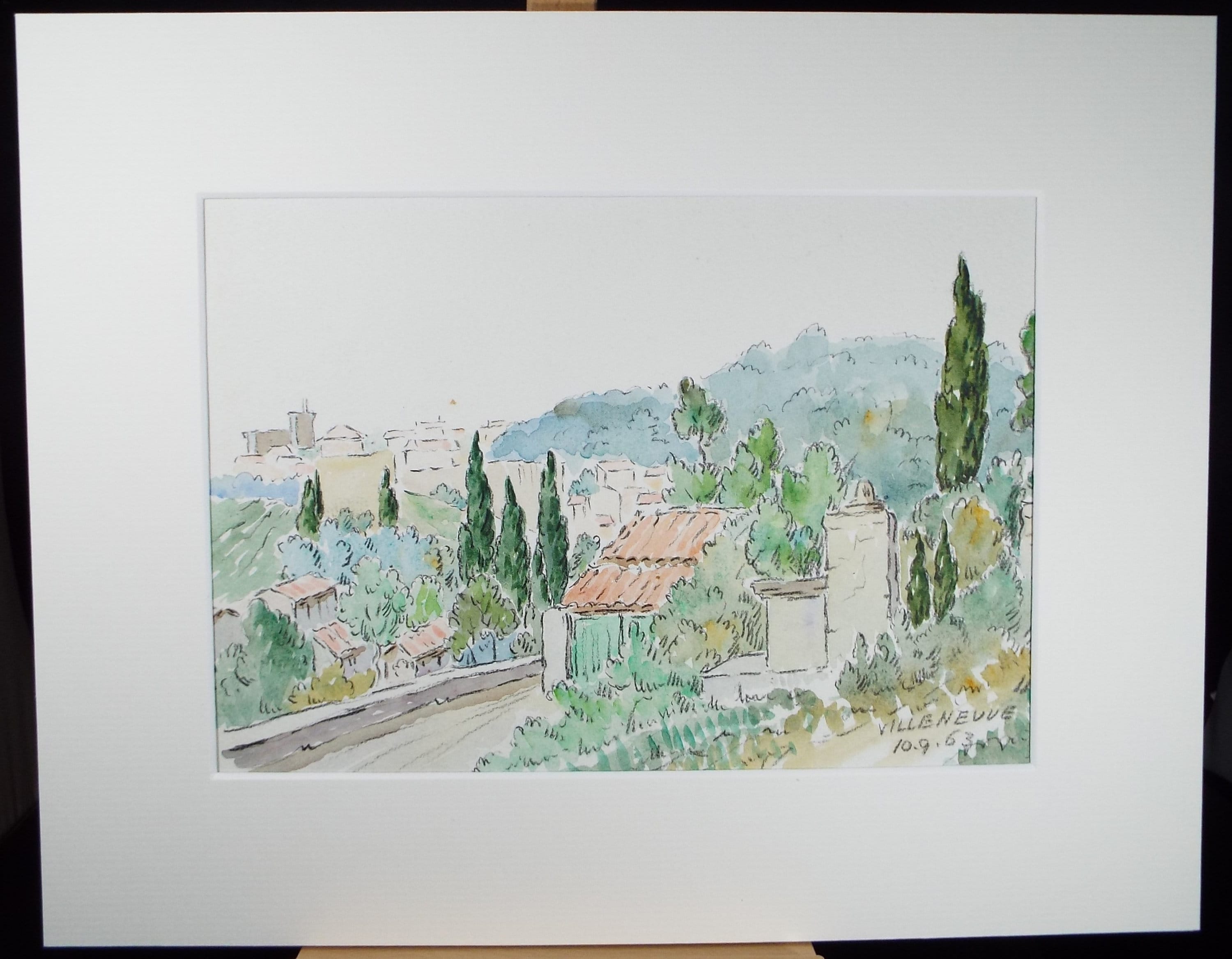 Original Watercolour & ink, 'Villeneuve', Cicely Glyn de Beers (1891-1973), Dated 1963