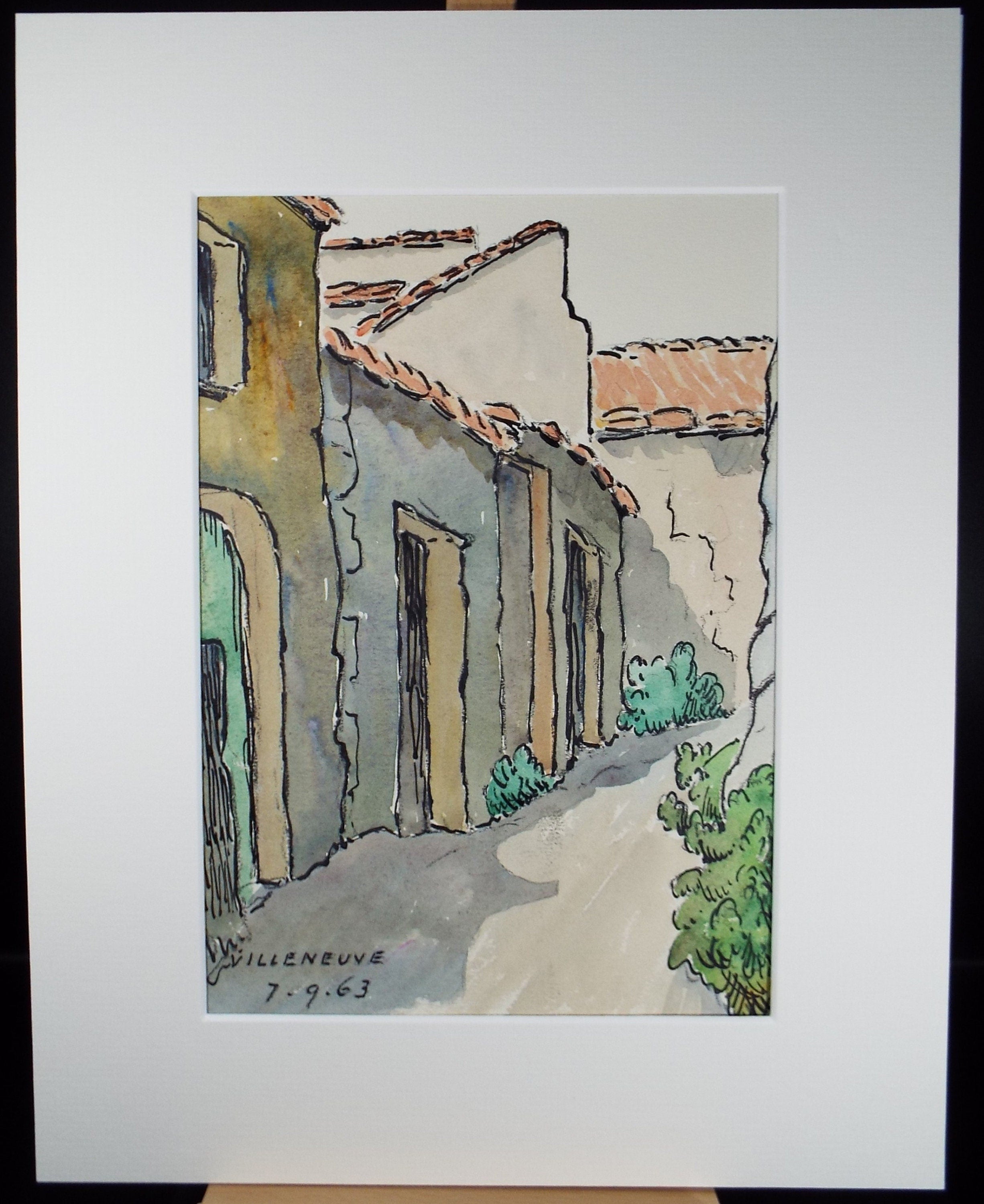 Original Watercolour & ink, 'Villeneuve', Cicely Glyn de Beers (1891-1973), Dated 1963