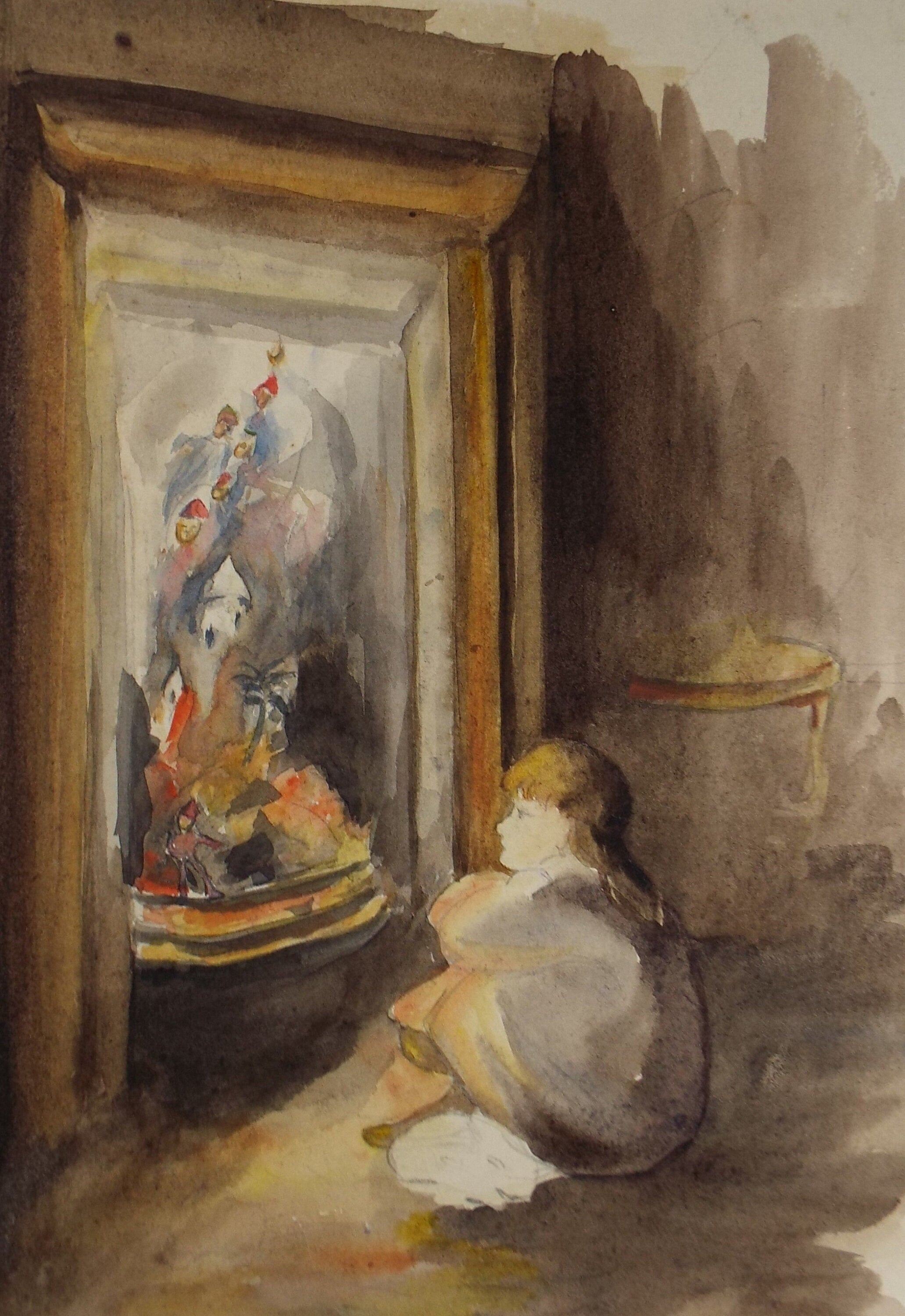 Original Watercolour on Paper, 'Entranced by the Flames', Lucie Cole-Hamilton (20th Century, British), circa 1915