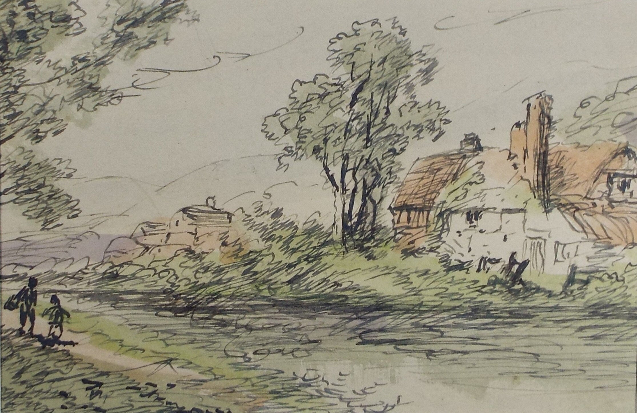 Original Watercolour, 'Riverside Cottage with Figures', Circa 1920's, W. Stone