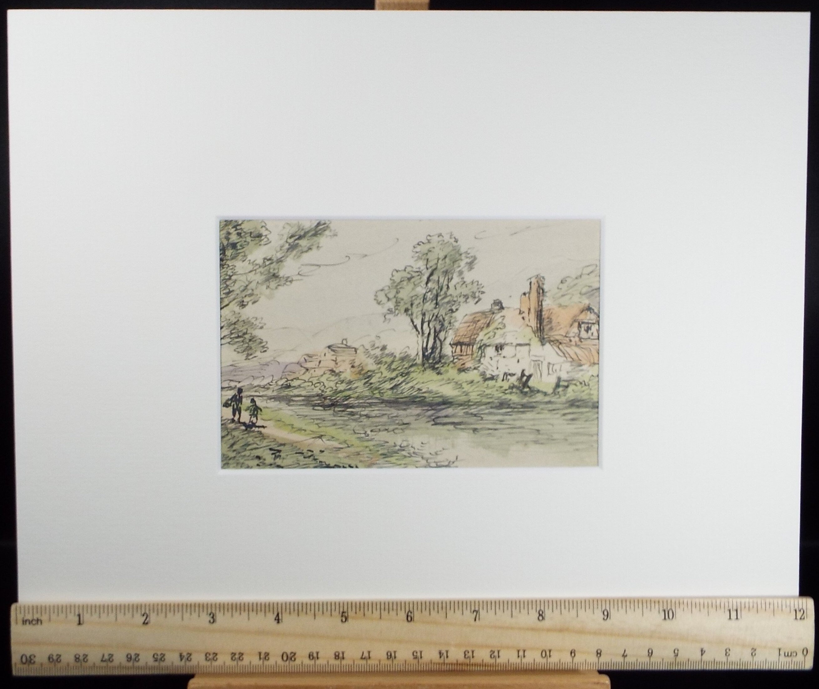 Original Watercolour, 'Riverside Cottage with Figures', Circa 1920's, W. Stone