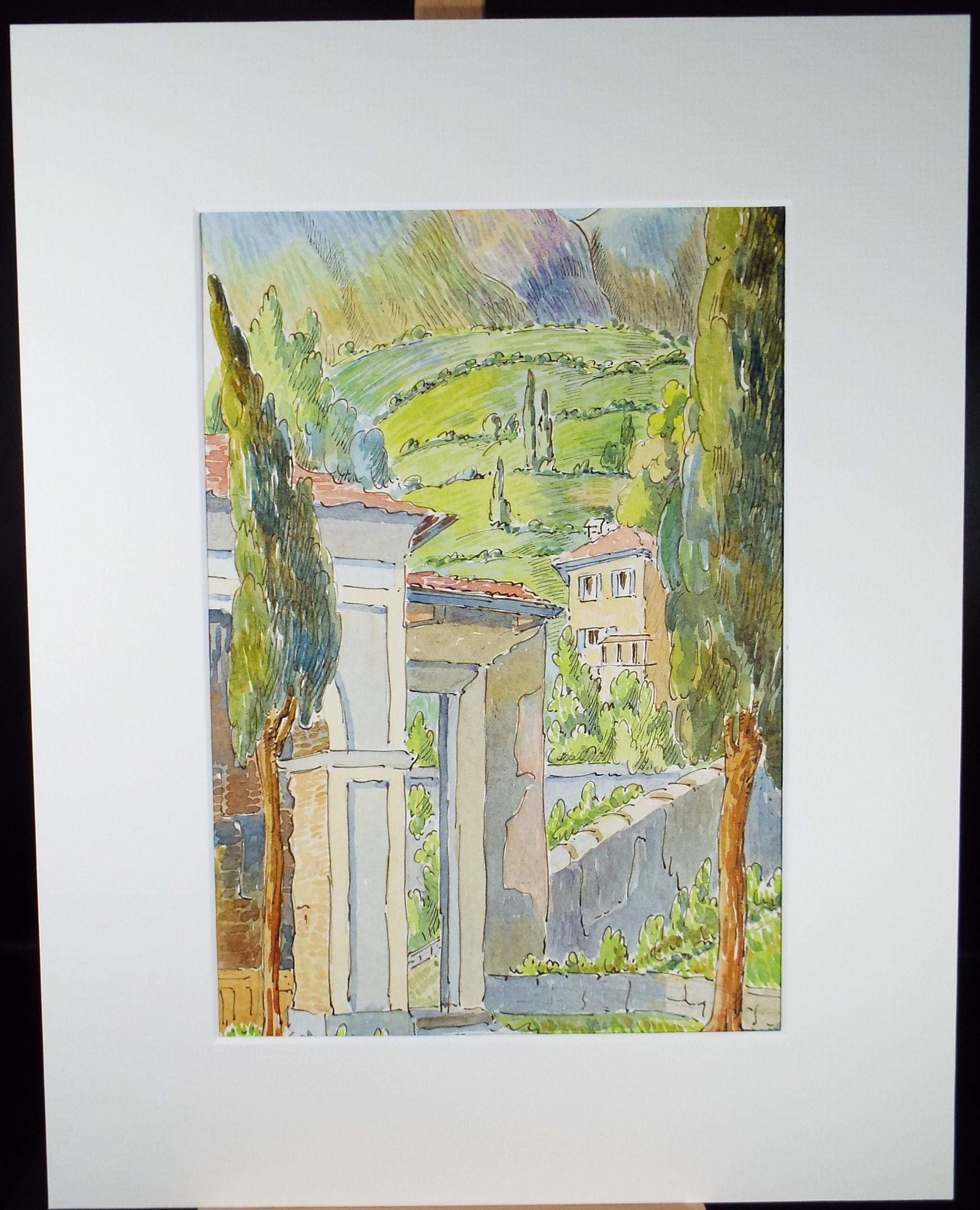 Original Watercolour & Ink , 'Hillside Village', Cicely Glyn de Beers (1891-1973), Dated 1958