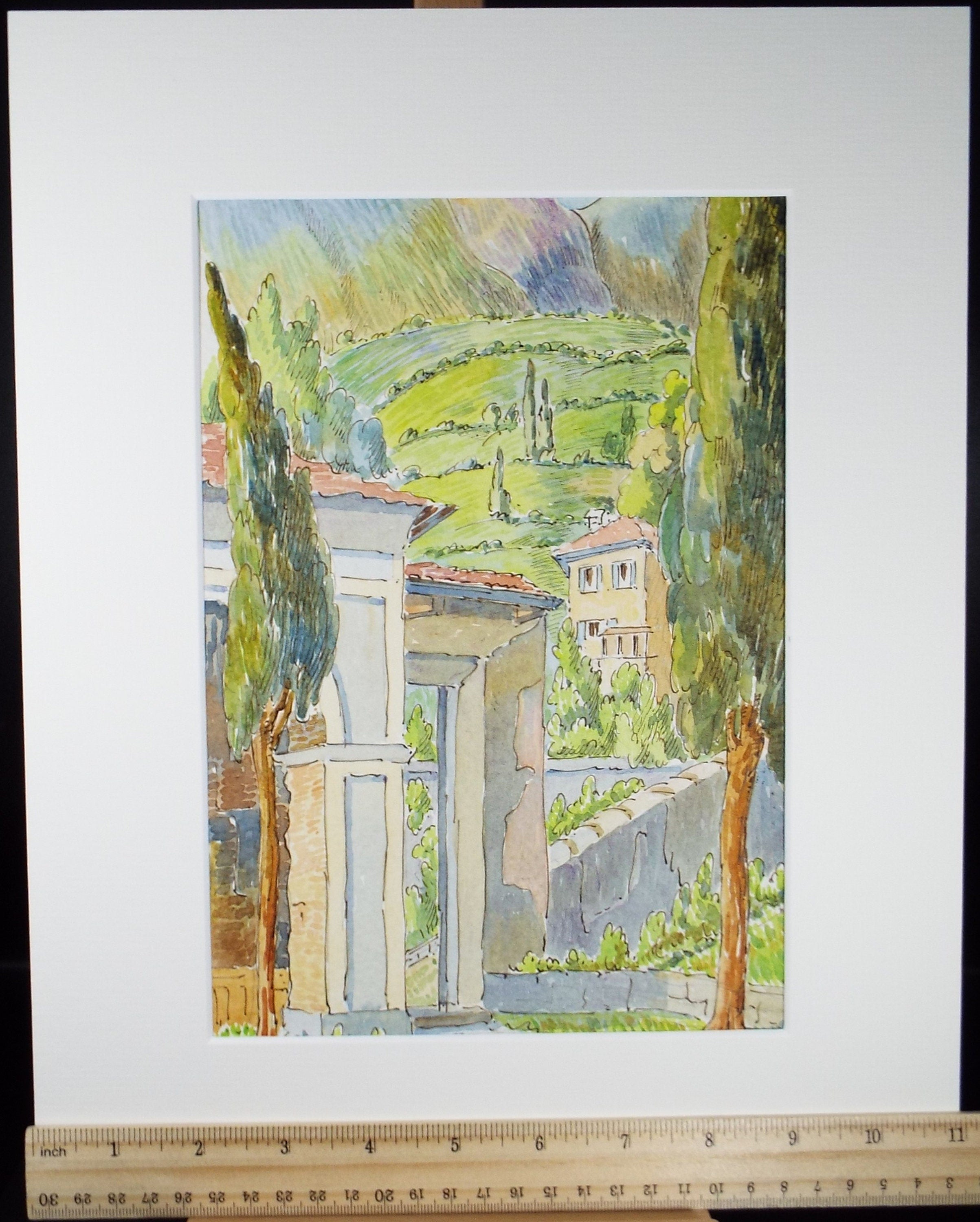 Original Watercolour & Ink , 'Hillside Village', Cicely Glyn de Beers (1891-1973), Dated 1958