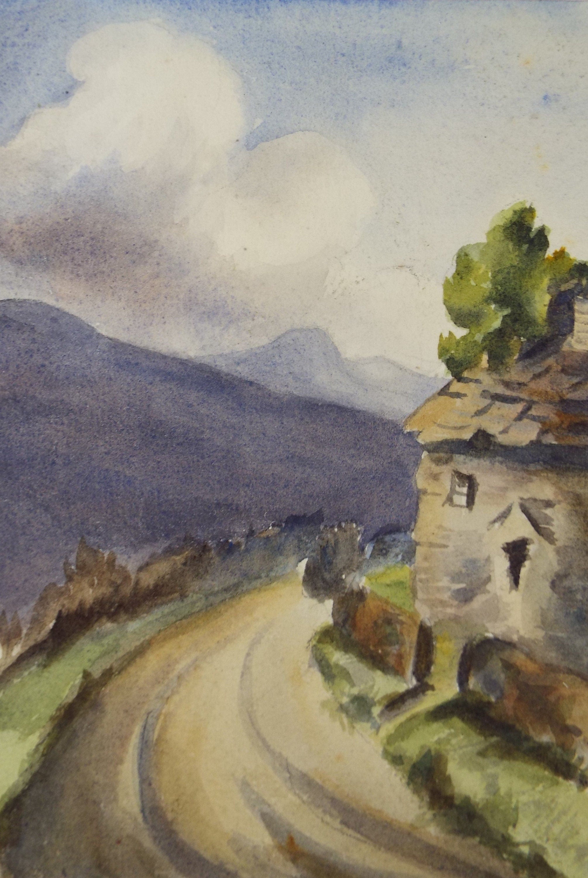 Original Watercolour, 'Stone Building on a Country Lane', Circa 1890's, Unknown Artist