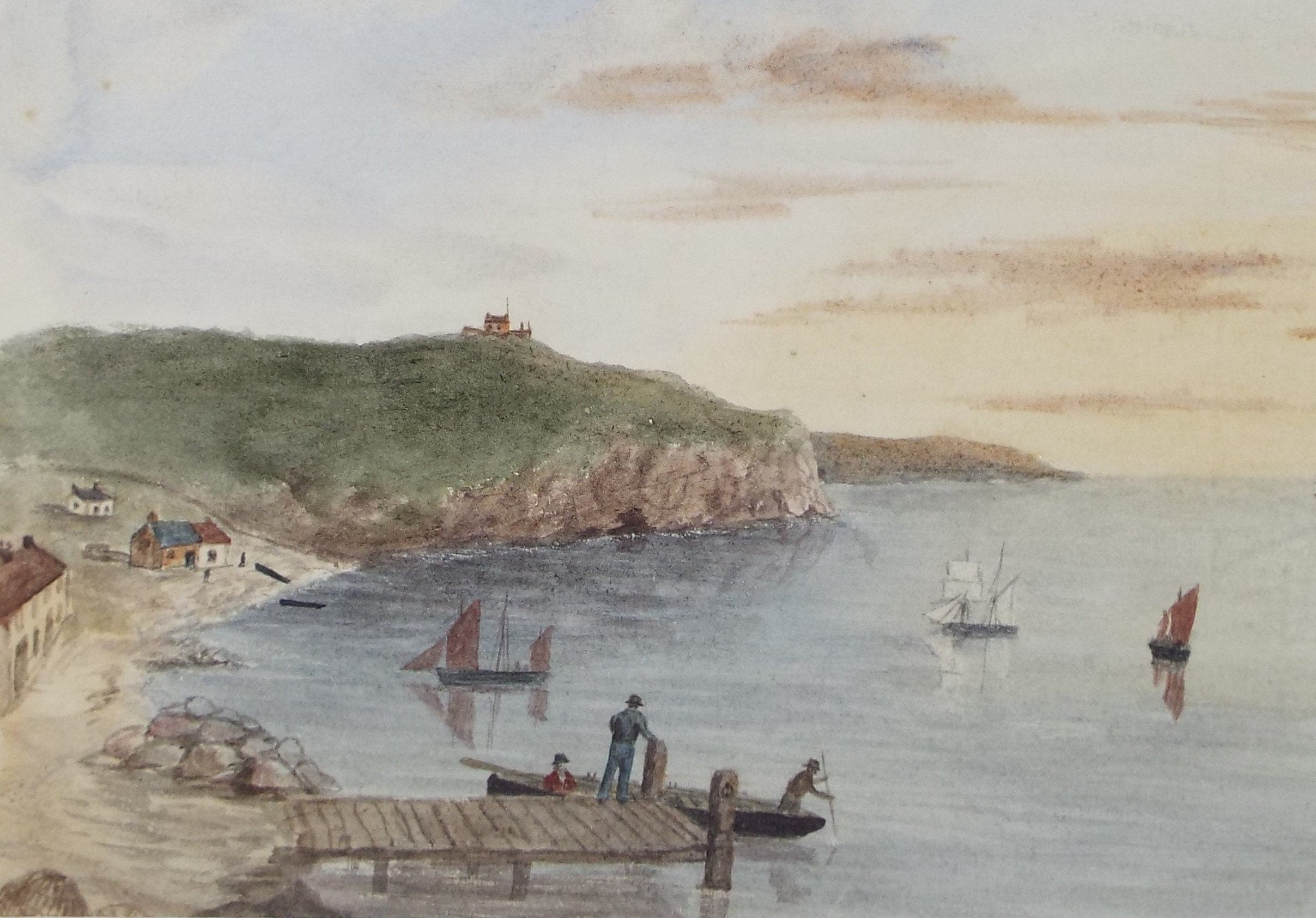 Original Watercolour, 'Fishing Village with Shipping', Late 19th Century, Unknown Artist