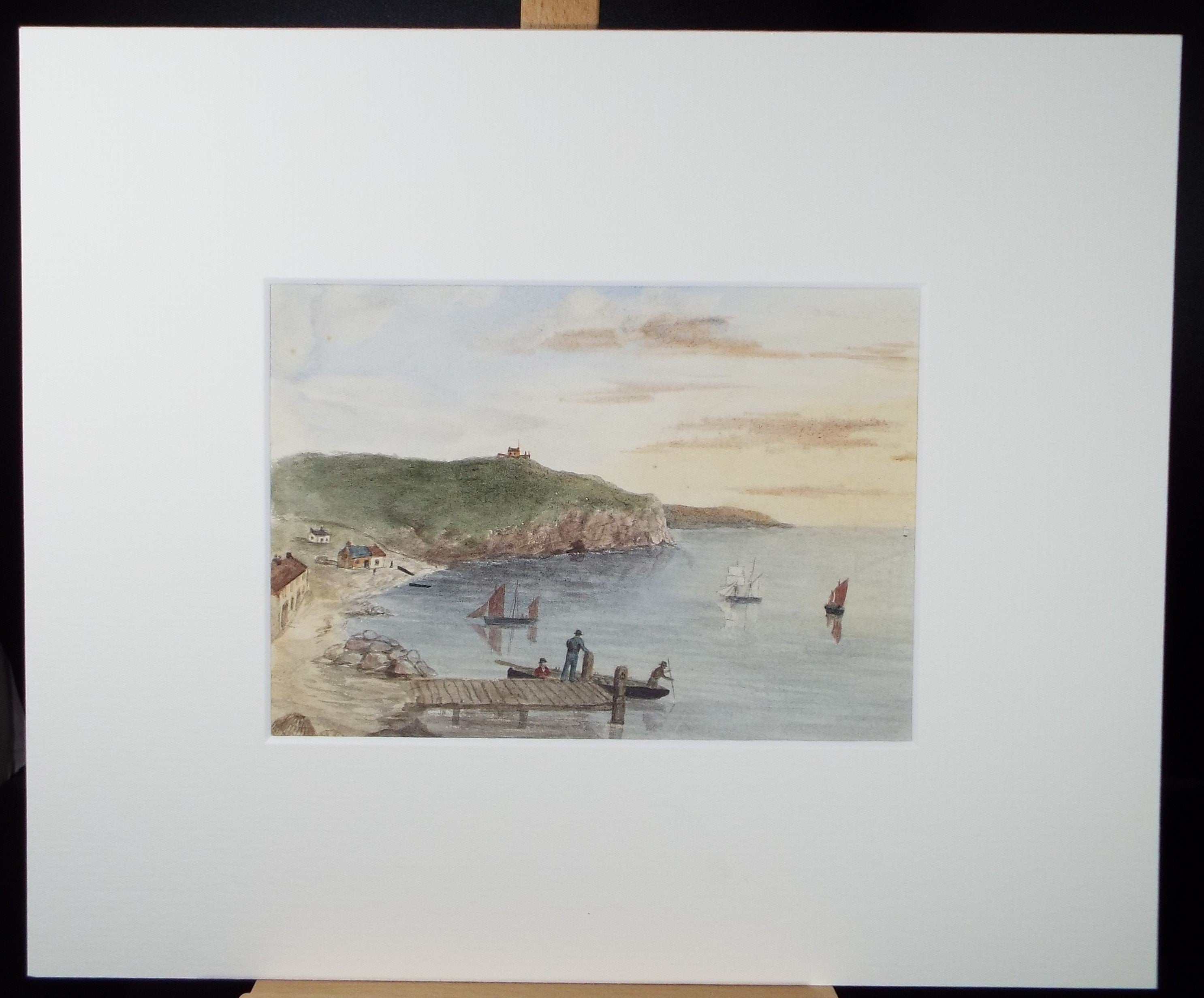 Original Watercolour, 'Fishing Village with Shipping', Late 19th Century, Unknown Artist