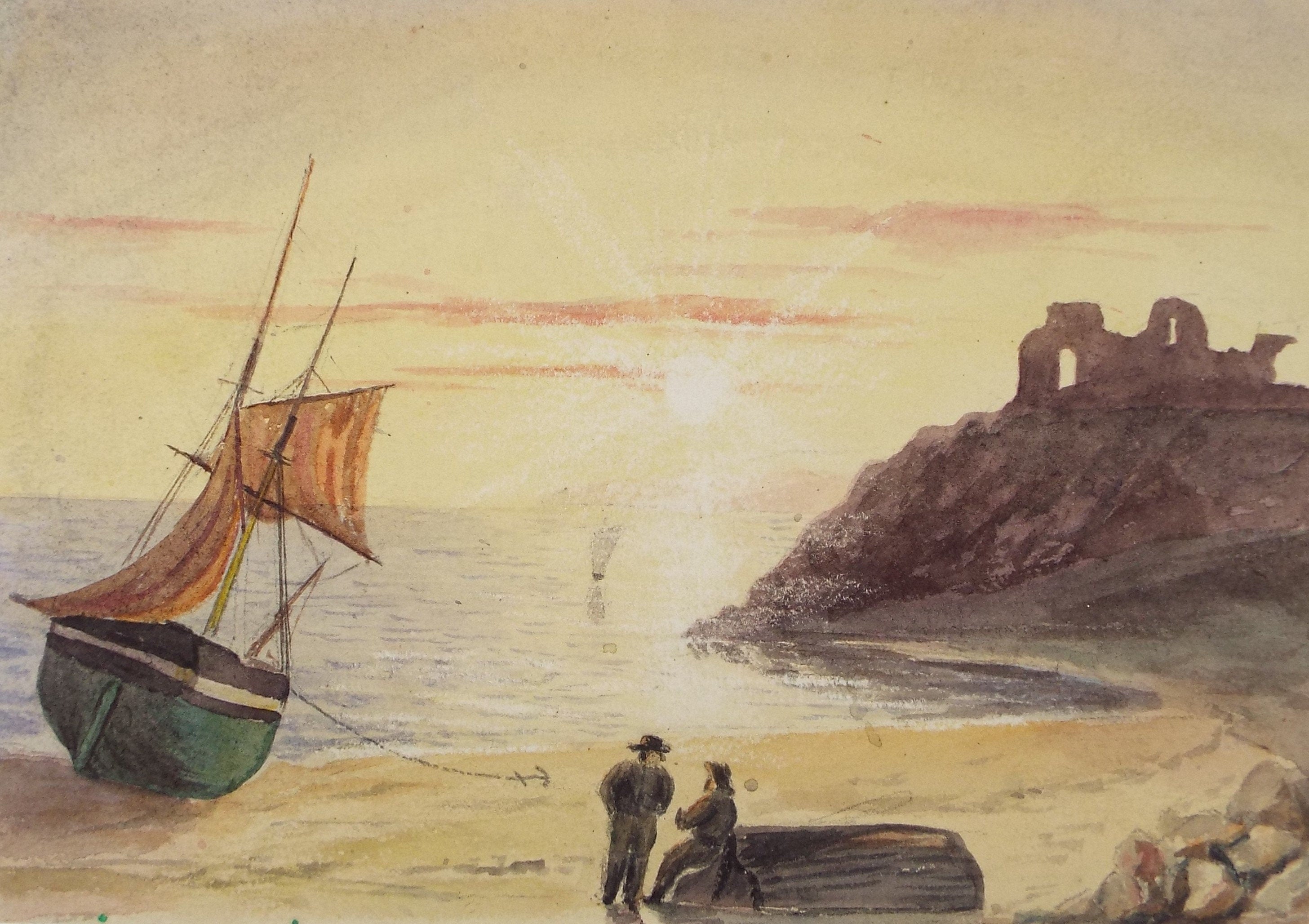 Original Watercolour, 'Boat on the Shore with figures', Late 19th Century, Unknown Artist