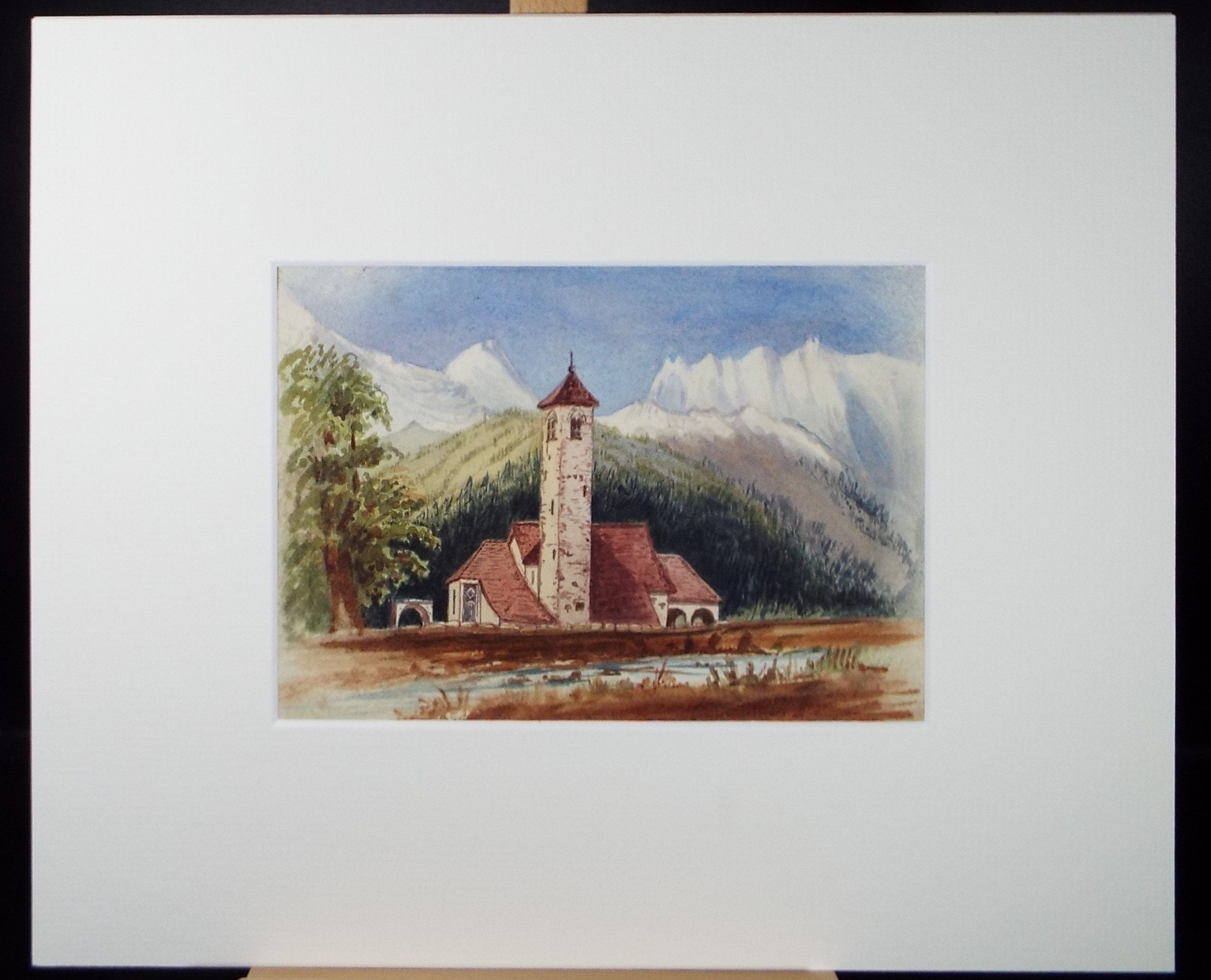 Original Watercolour, Alpine Village church, Late 19th Century, Artist Unknown