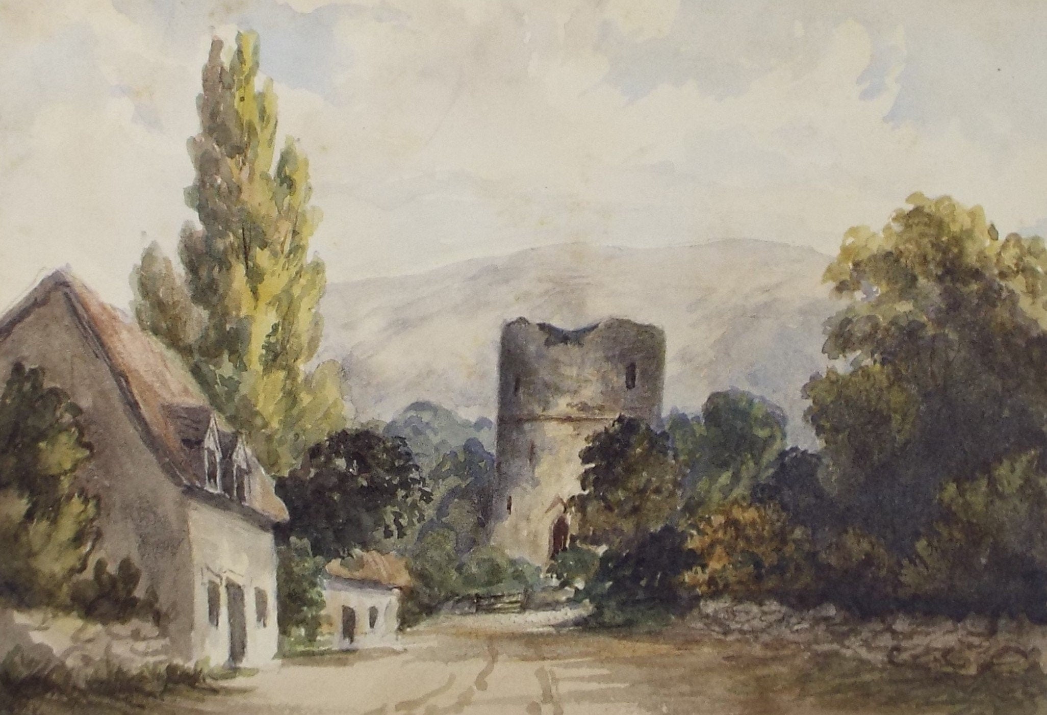 Original Watercolour, 'Tower Ruin on a Country Lane', Circa 1890's, Unknown Artist